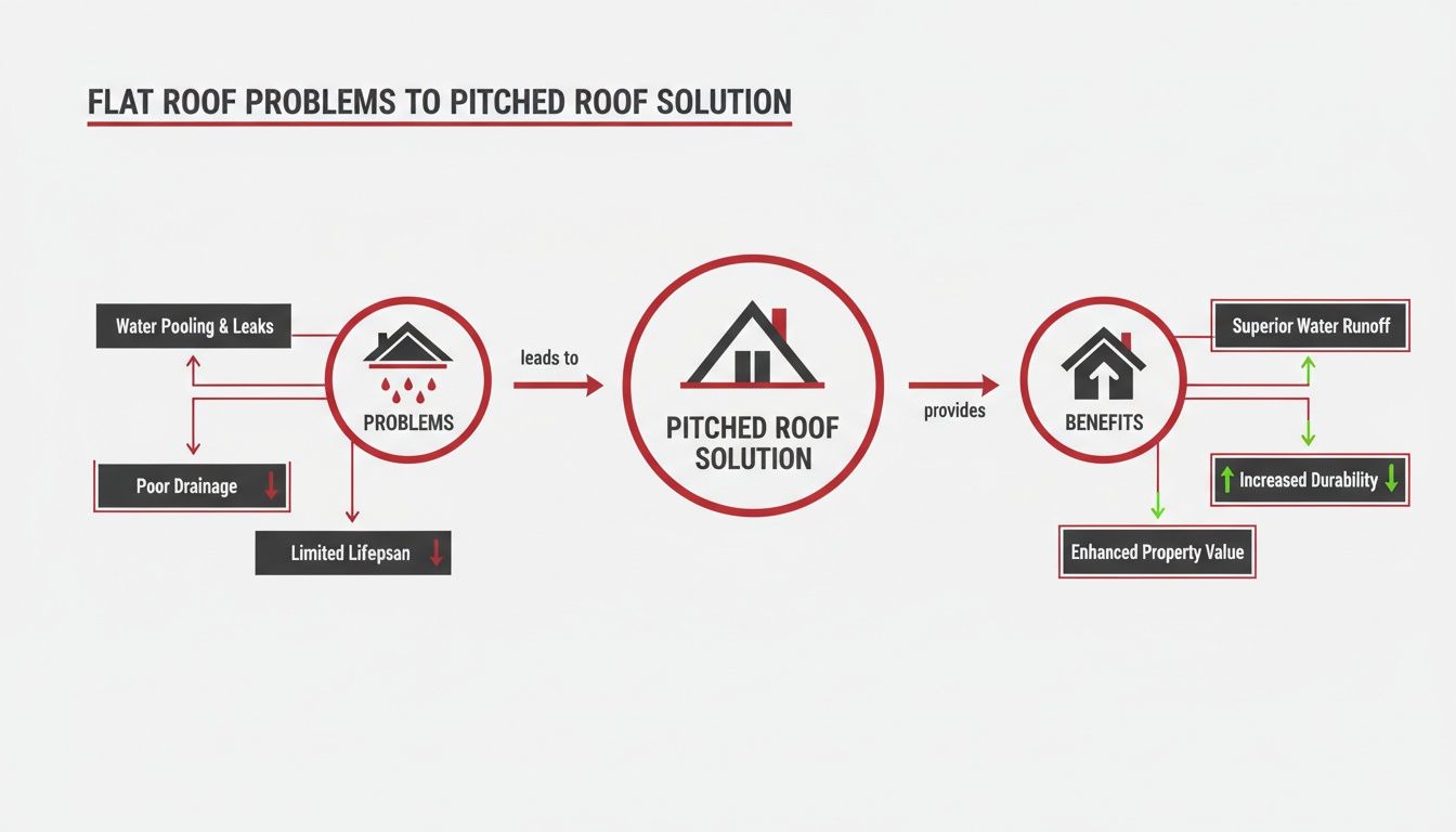 Flowchart depicting flat roof problems leading to pitched roof solutions and their benefits.