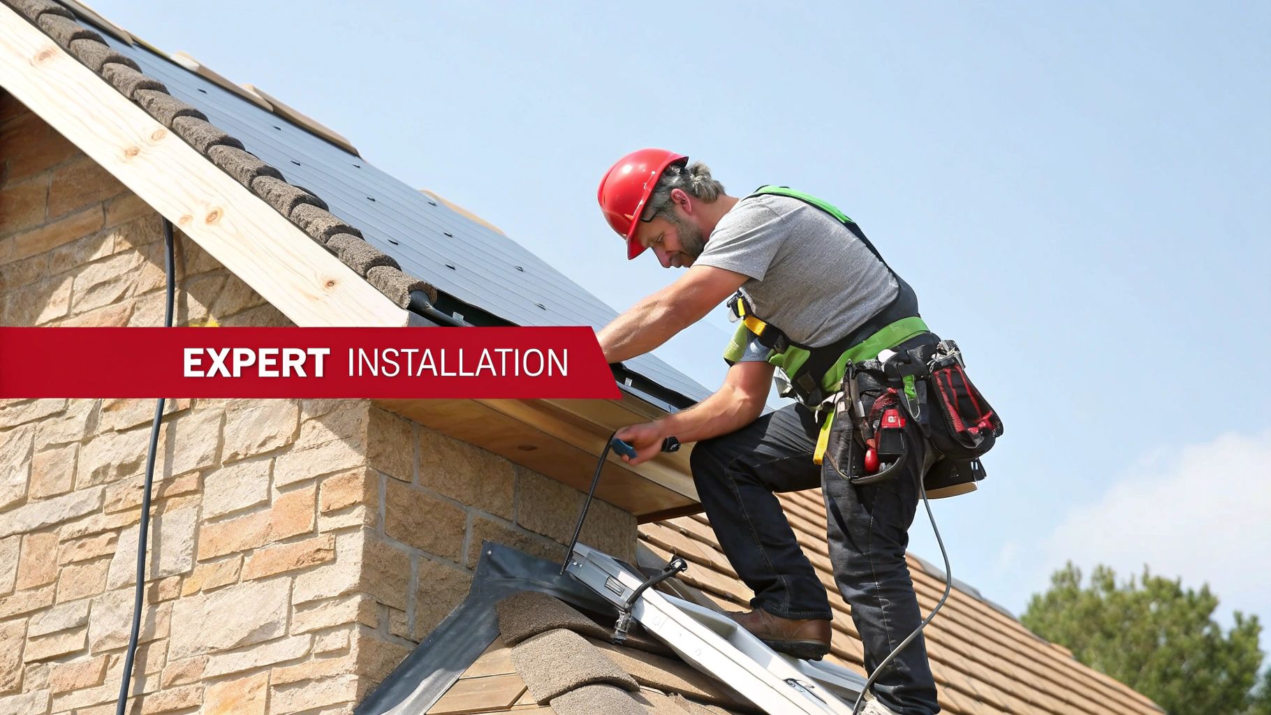Expert installer in safety gear working on solar panels on a stone-coated roof.