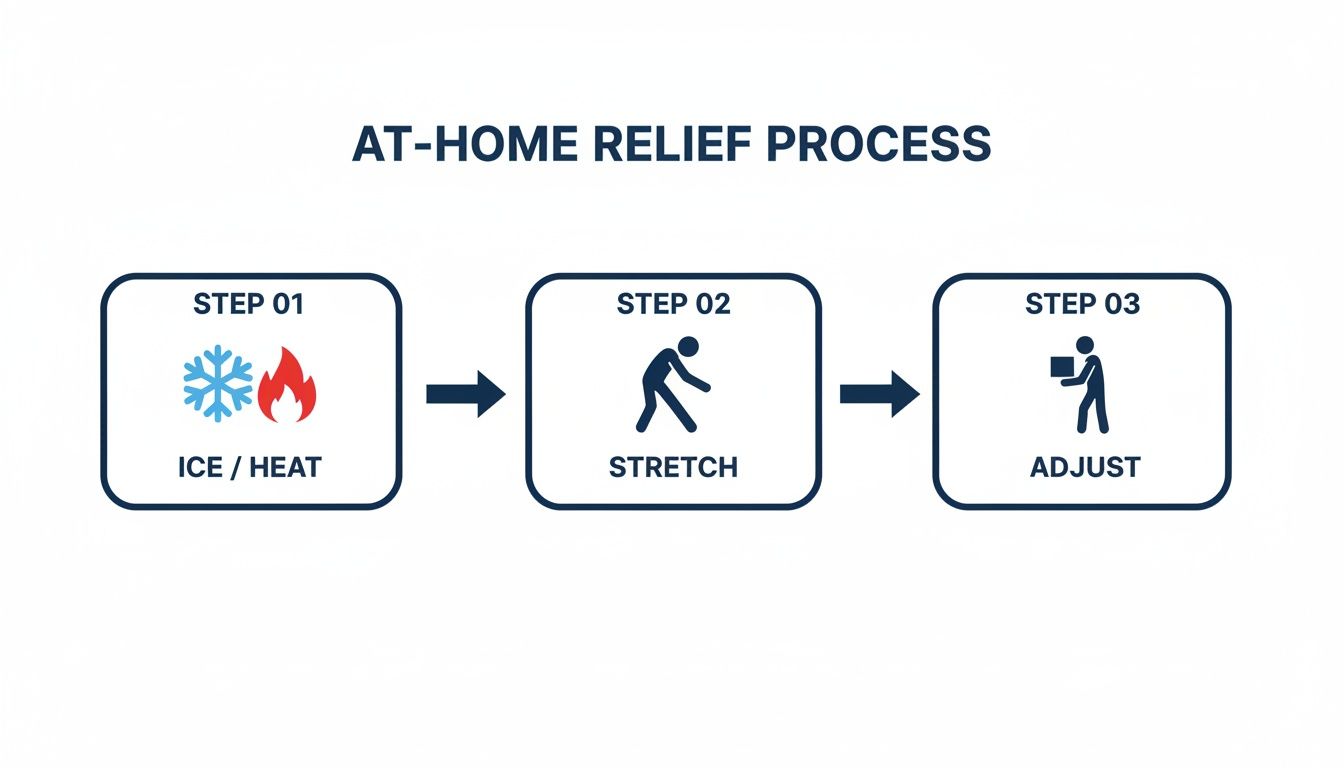 A visual guide illustrating a 3-step at-home relief process: Ice/Heat, Stretch, and Adjust.