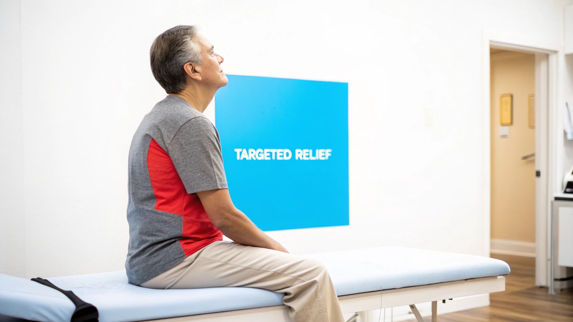 A middle-aged man sits on an examination table in a clinic with a "Targeted Relief" sign.