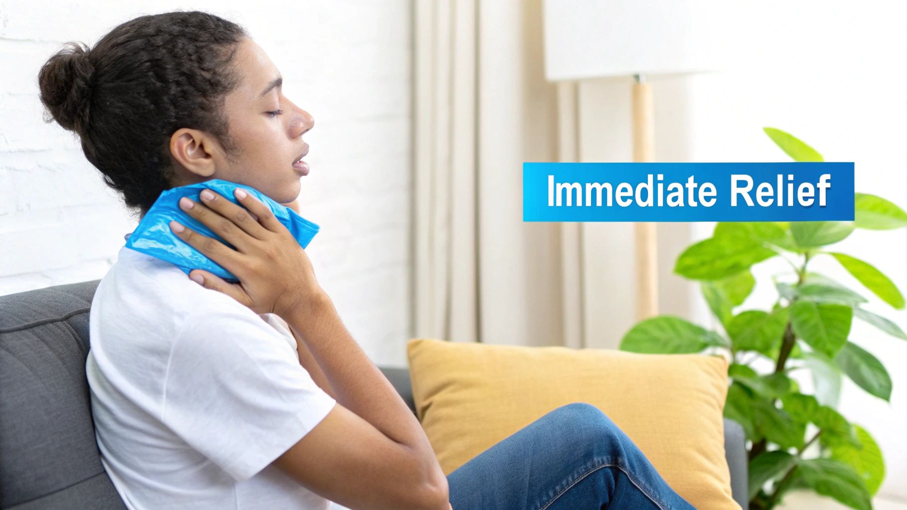 A person with a top knot hairstyle applies a blue ice pack to their neck for immediate relief while sitting on a couch.