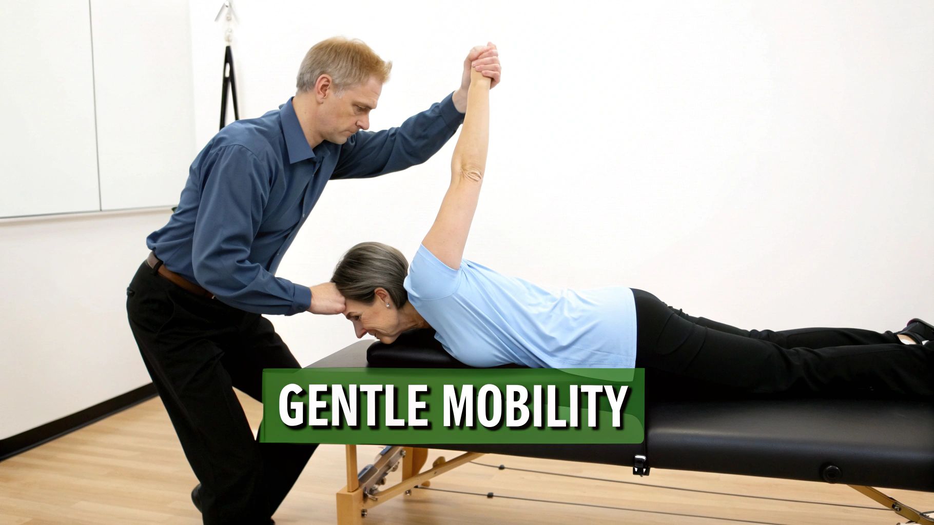 A man assists a woman lying face down on a treatment table with an overhead arm mobility exercise.