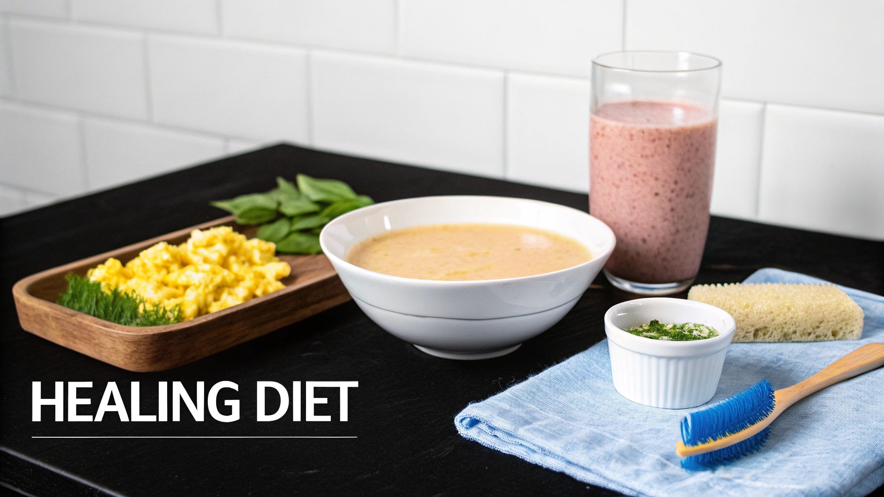 A 'Healing Diet' spread with scrambled eggs, soup, a smoothie, and fresh greens on a black table.