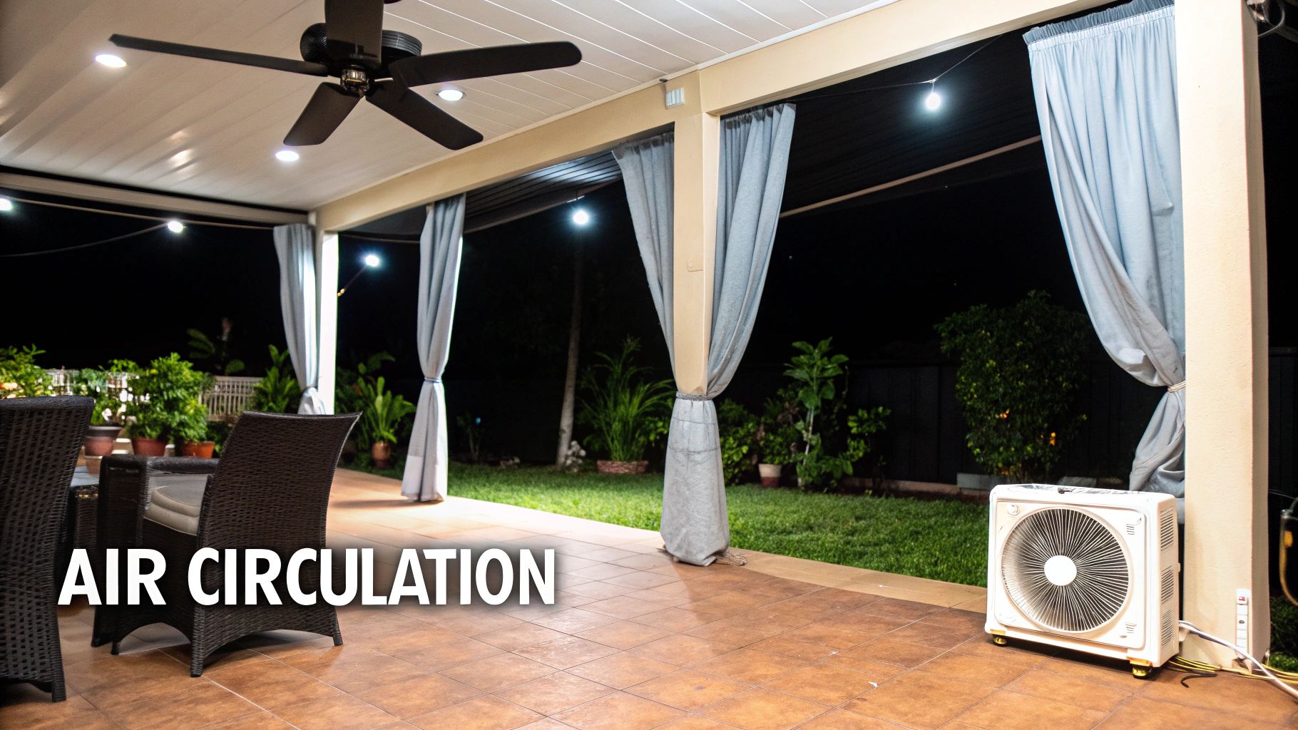 An outdoor patio at night with a ceiling fan, string lights, wicker chairs, and a portable air conditioner ensuring air circulation.