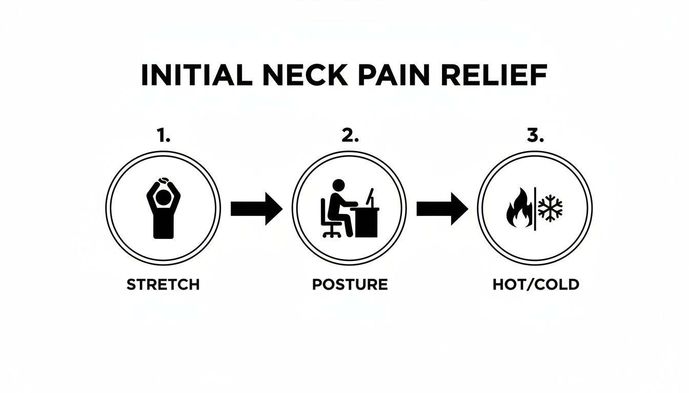 Diagram showing three steps for initial neck pain relief: stretching, correcting posture, and applying hot or cold therapy.