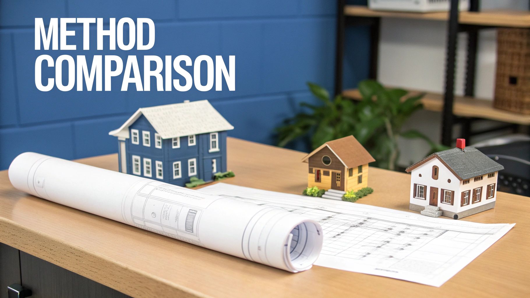Three miniature houses and architectural blueprints on a wooden desk under 'METHOD COMPARISON' text.