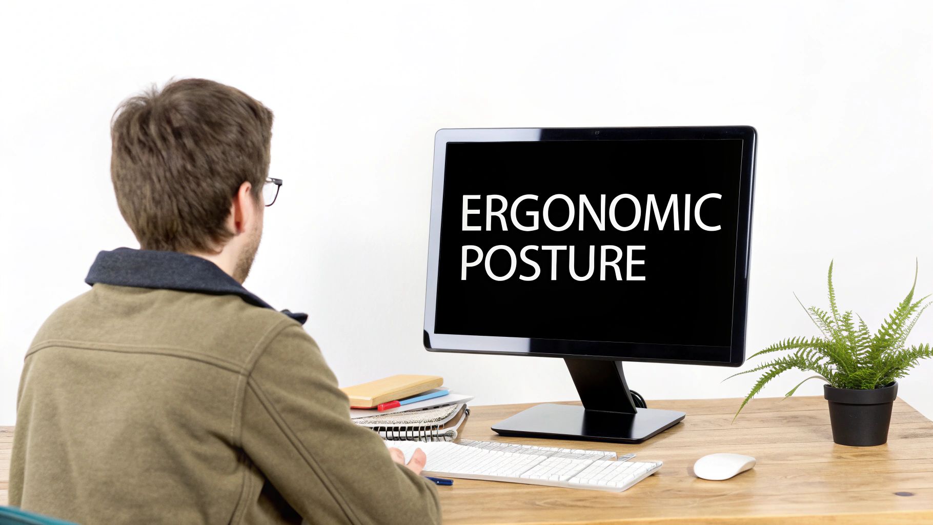 Man from behind viewing a computer screen displaying 'ERGONOMIC POSTURE' on a wooden desk.