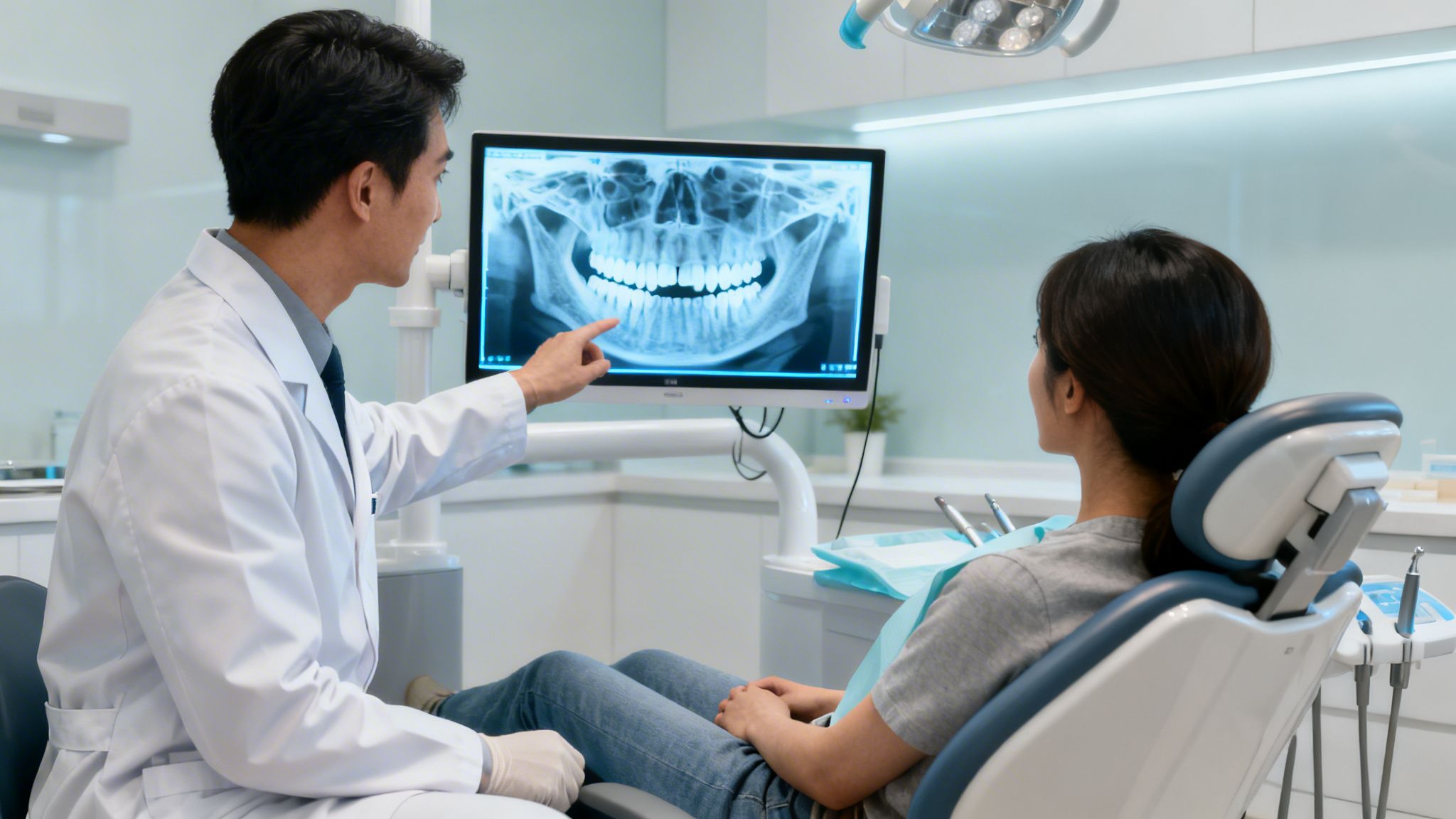 A male dentist shows a female patient her dental X-ray on a monitor in a clinic.