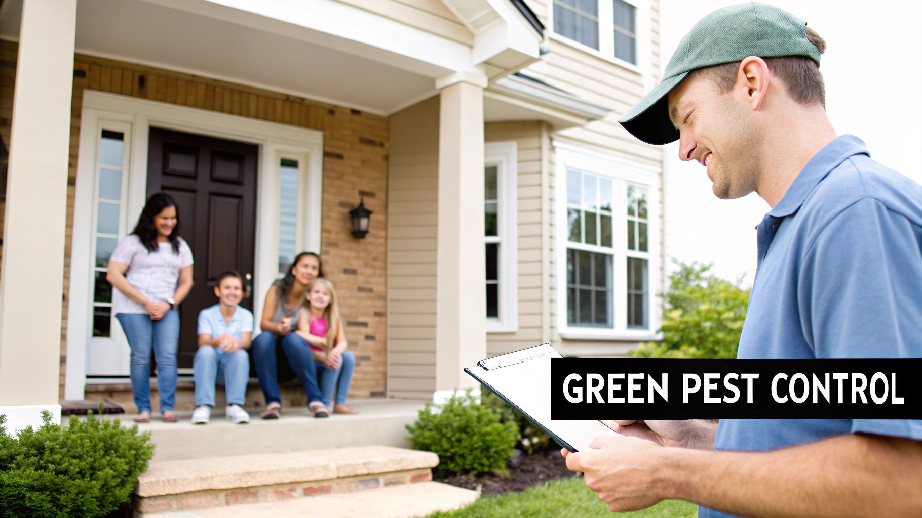 A green pest control worker talks to a smiling family outside their home, holding a clipboard.