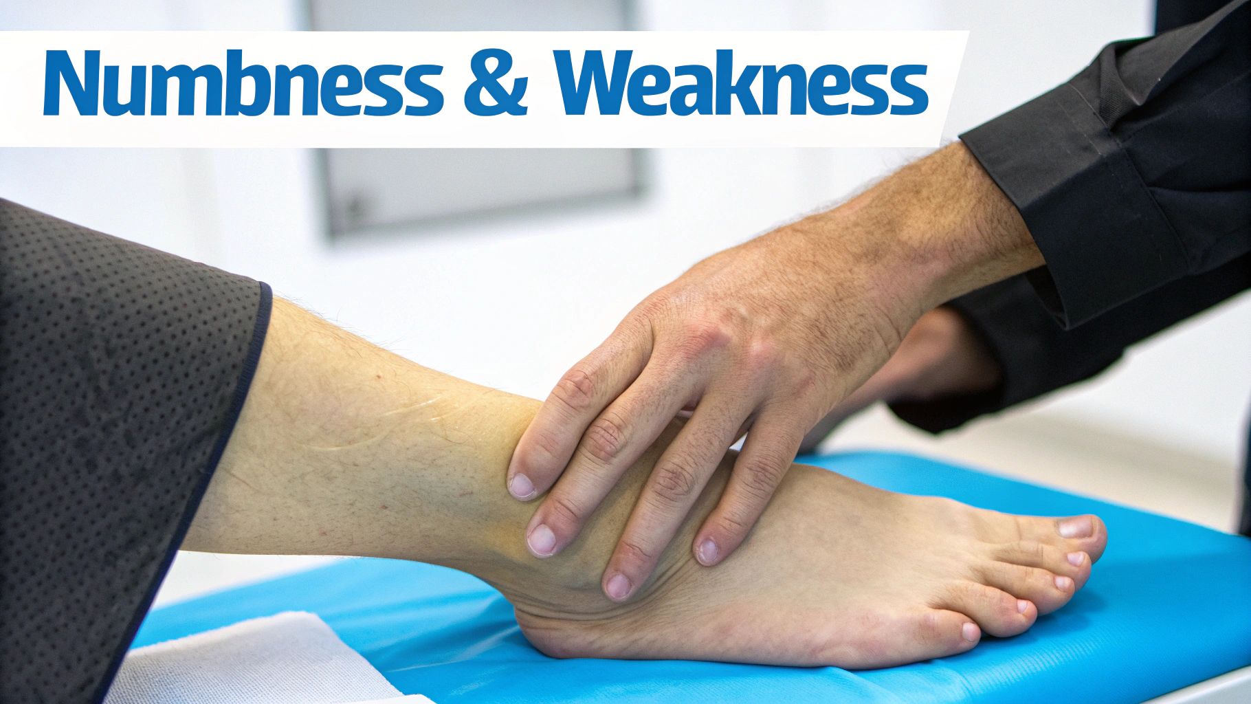 A healthcare professional examines a patient's ankle and foot, addressing numbness and weakness, likely due to sciatica.