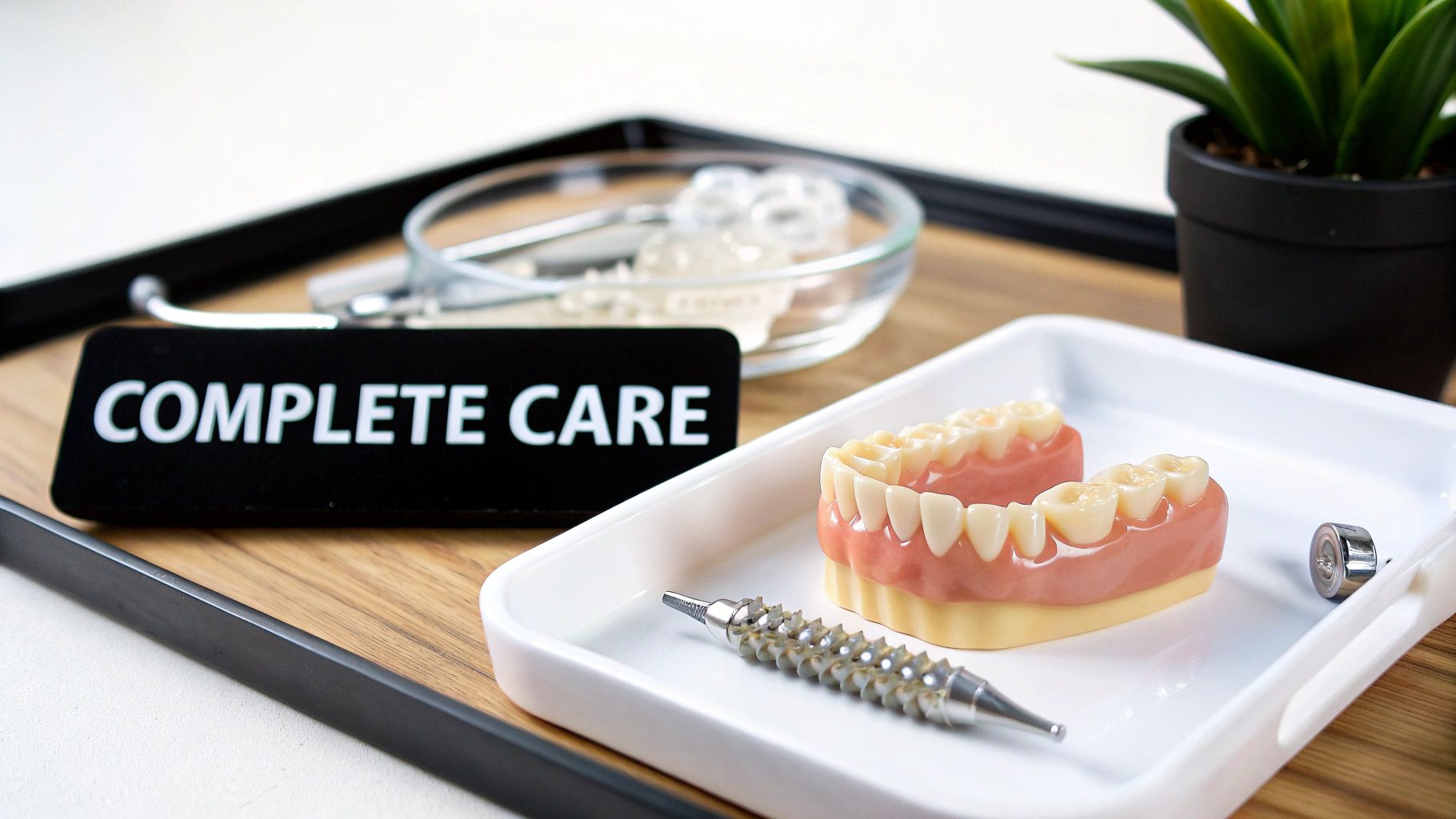Seven Oaks - Dentistry & Sleep Medicine | Finding a Private Practice Dental Office Near Me in Wesley Chapel A tray with dental models, an implant tool, and a 'COMPLETE CARE' sign for dental services.