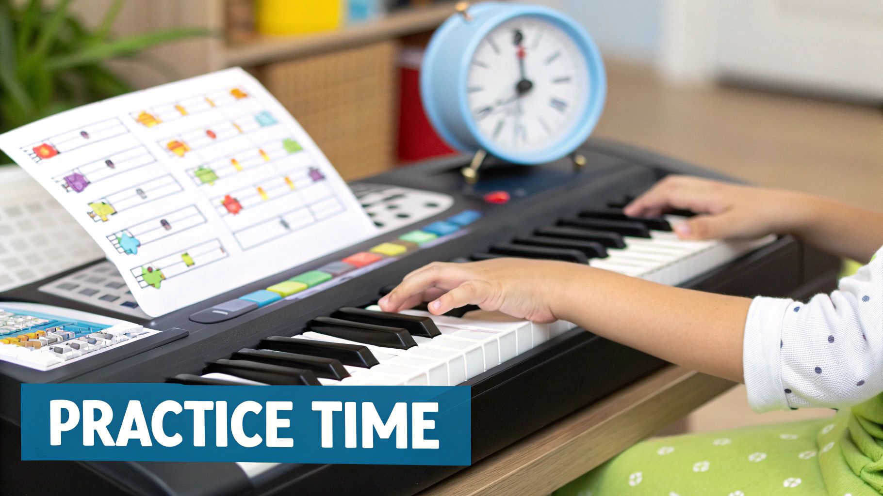 Child's hands playing an electronic keyboard with colorful music notes for a beginner lesson.