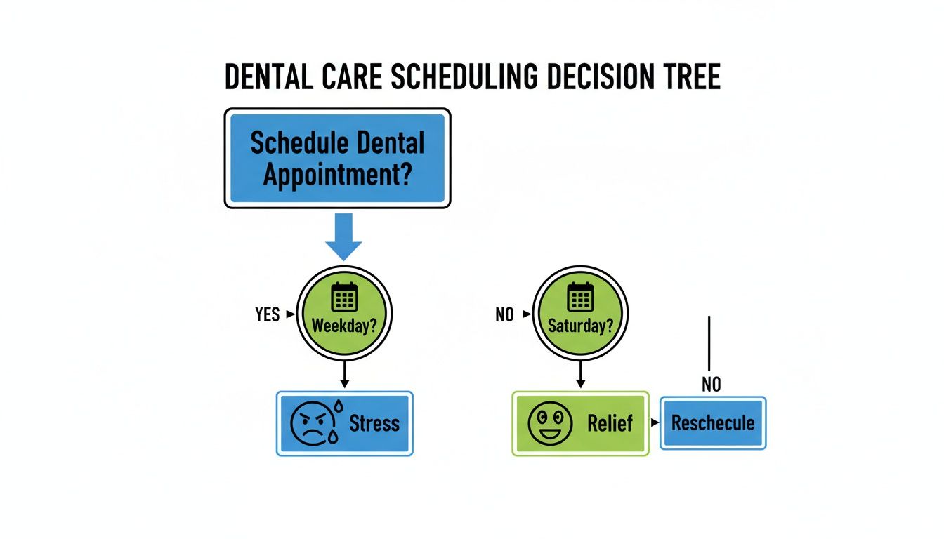 A dental care scheduling decision tree flowchart showing options for appointments on weekdays or Saturdays.