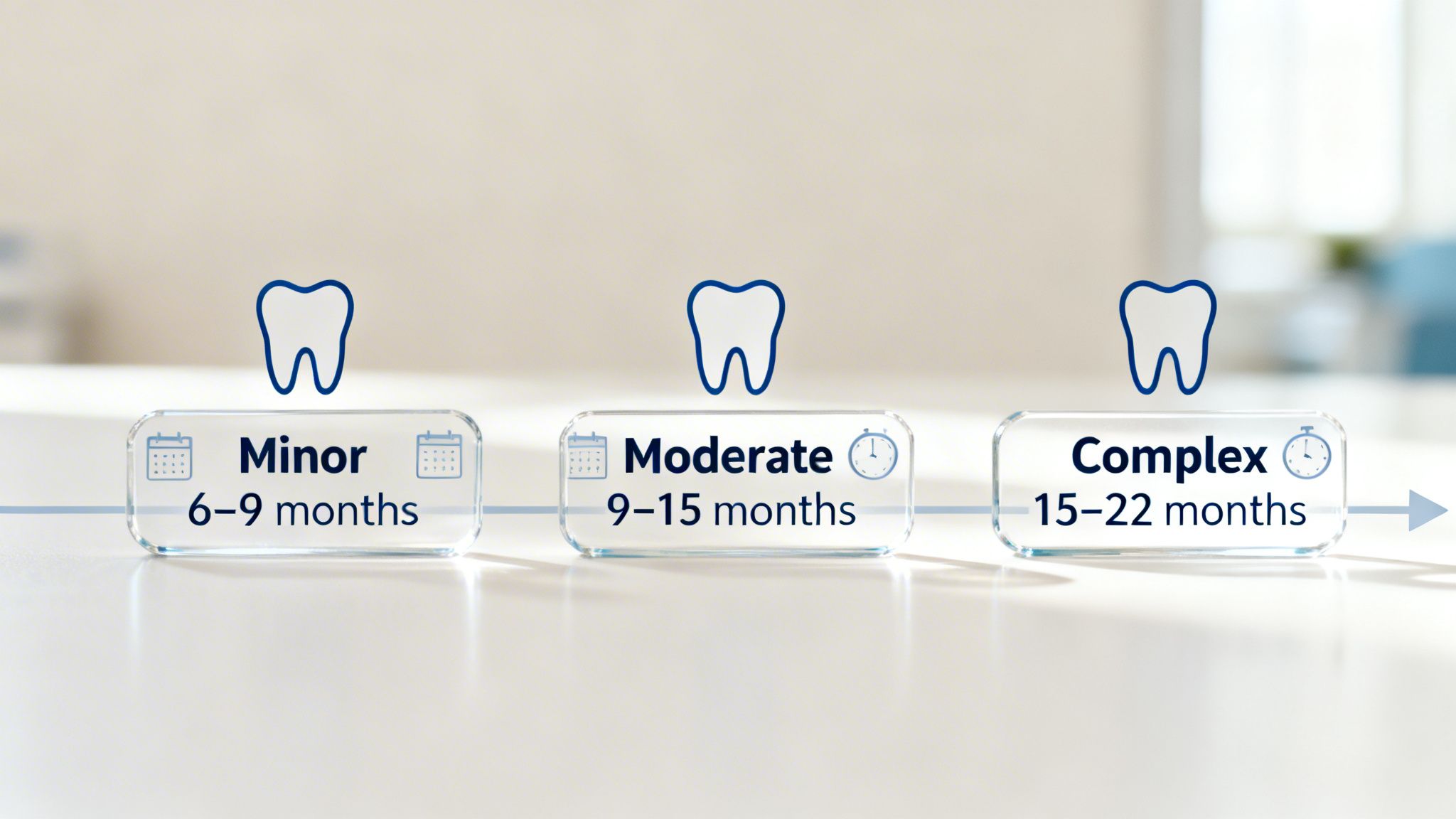 Timeline showing estimated durations for dental alignment: Minor (6-9 months), Moderate (9-15 months), and Complex (15-22 months).