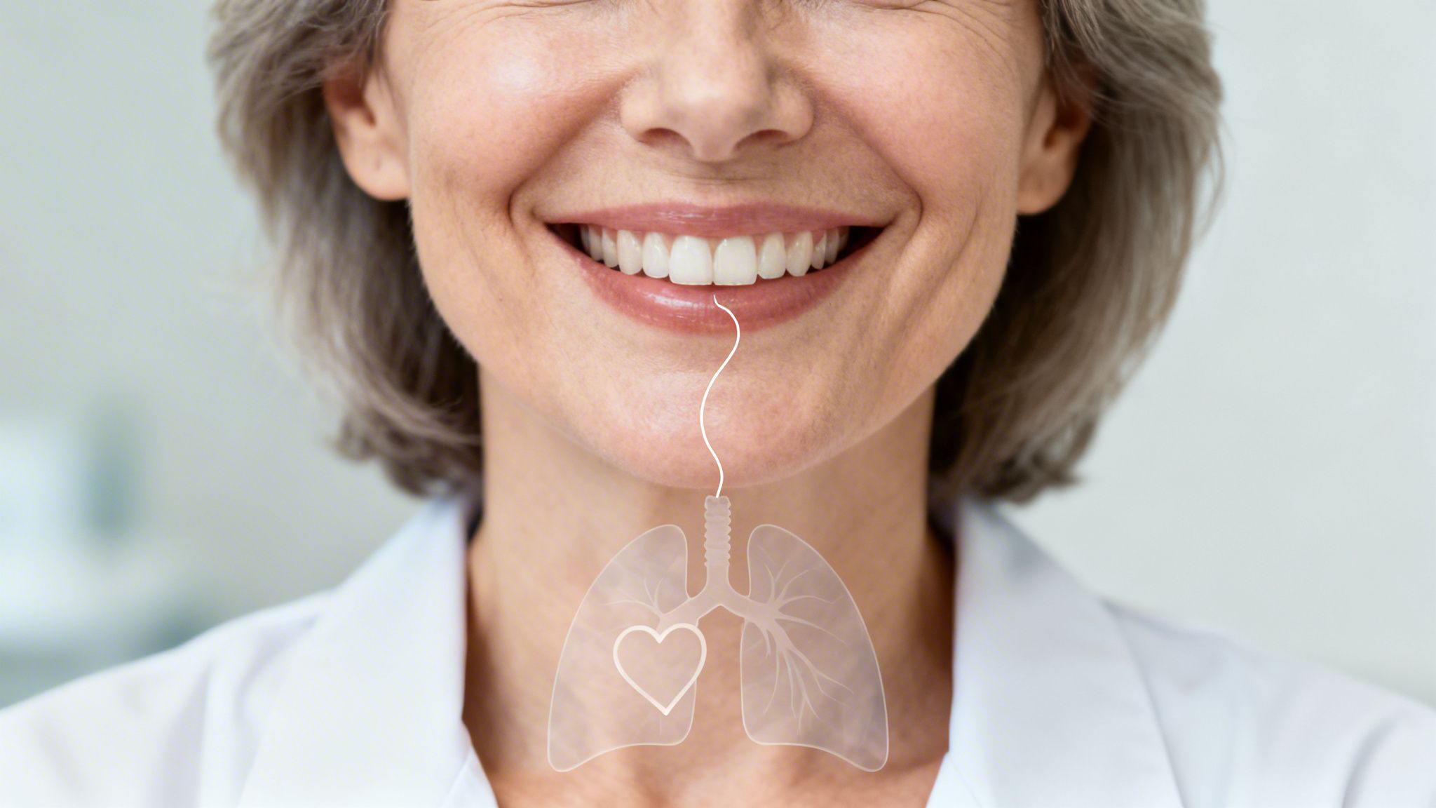 Close-up of a smiling woman with gray hair, showing a graphic overlay of lungs and heart.