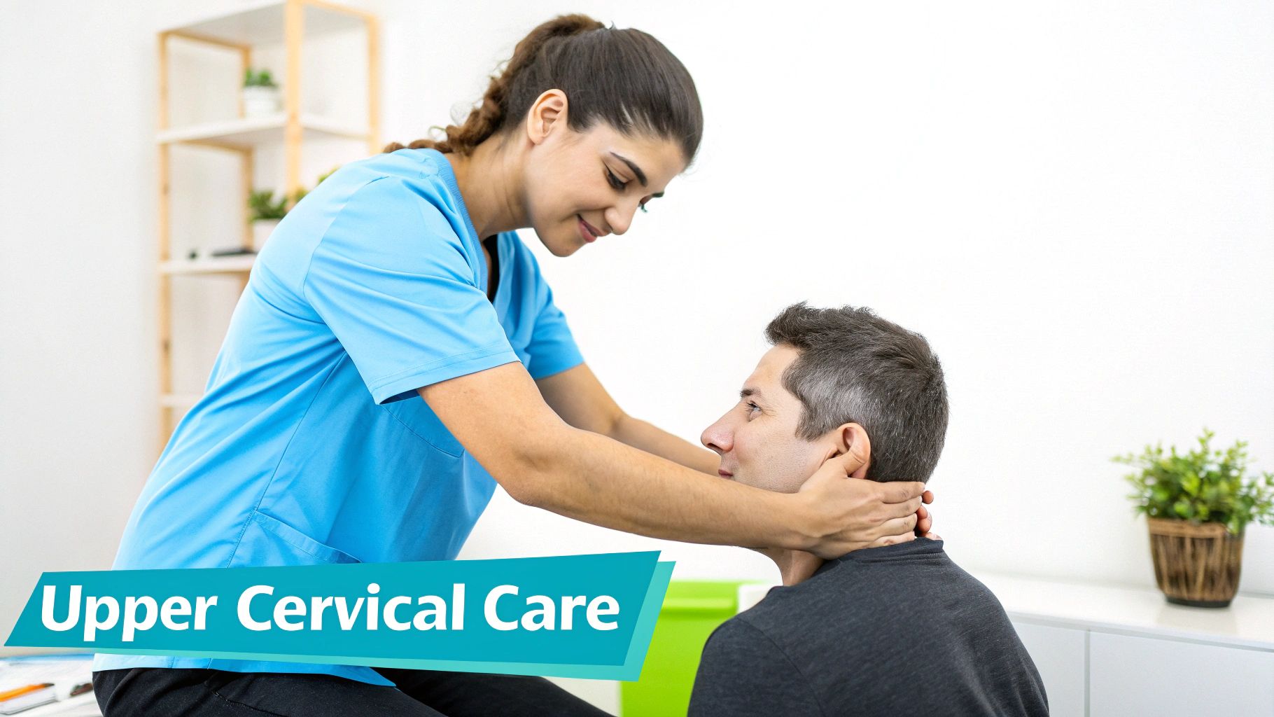 A female healthcare professional in blue scrubs gently examines a male patient's neck during an upper cervical care session.