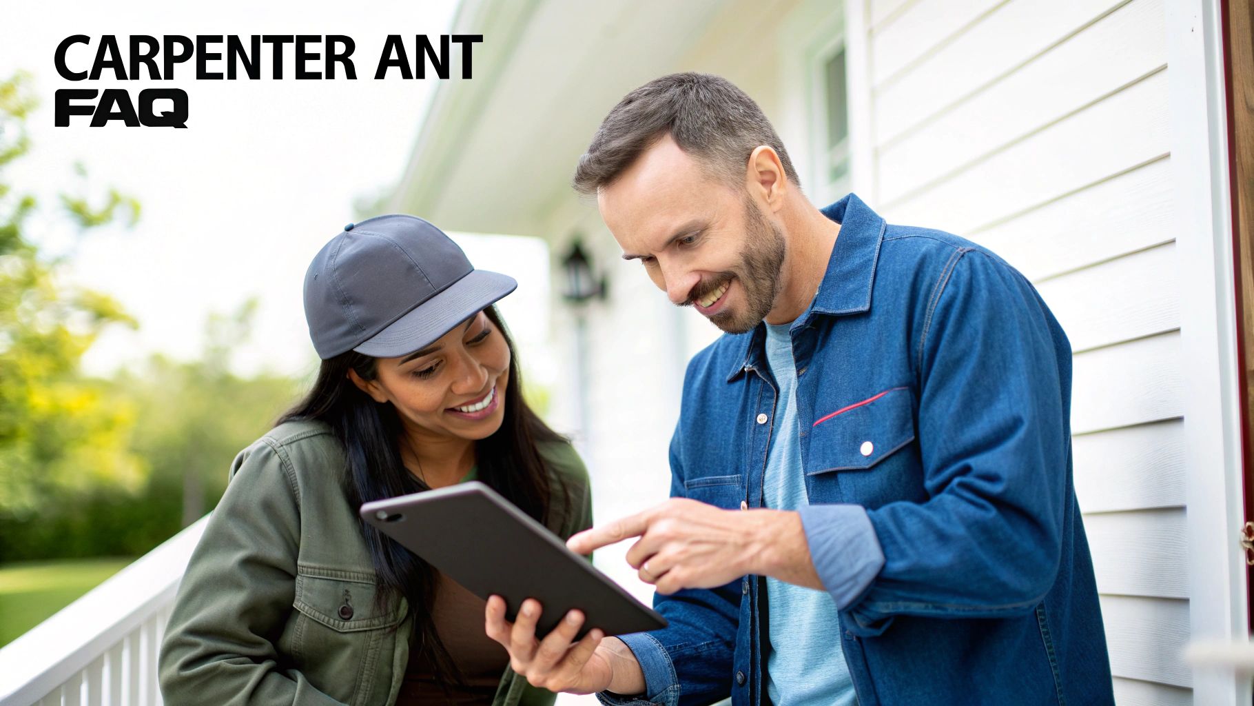 A man and a woman smiling and looking at a tablet, discussing information about carpenter ants.