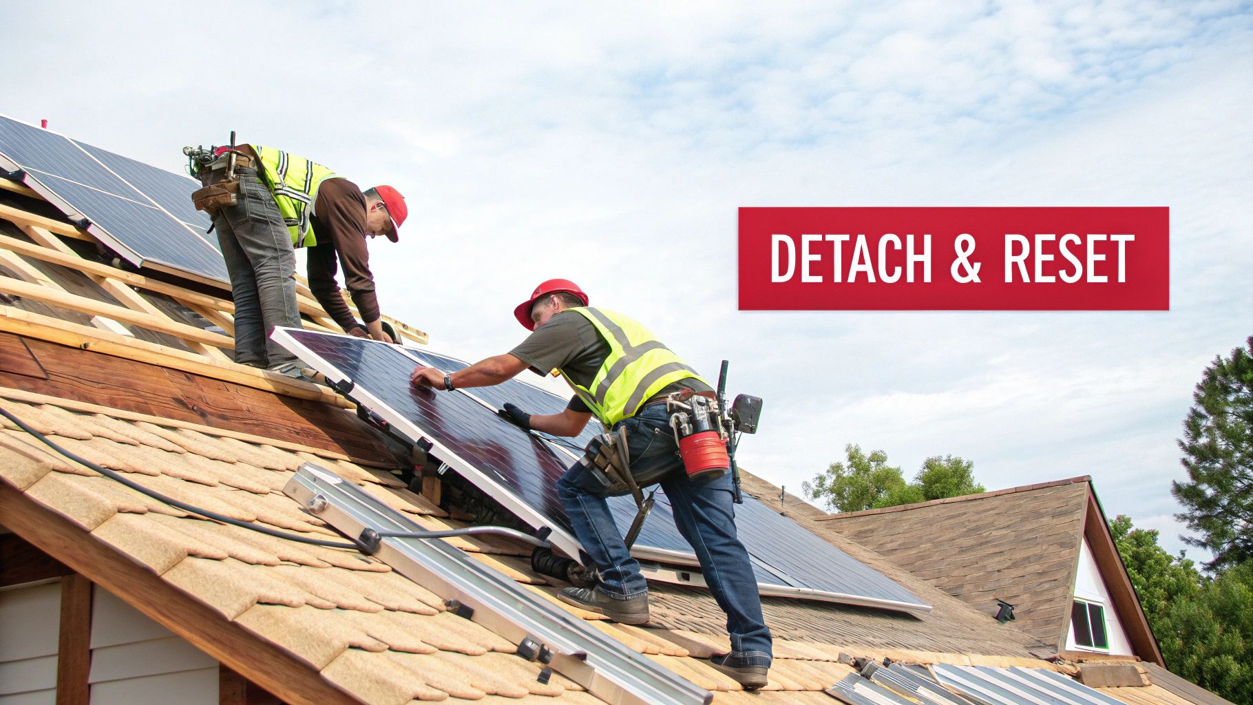Workers in hard hats and safety vests installing new solar panels on a residential roof.