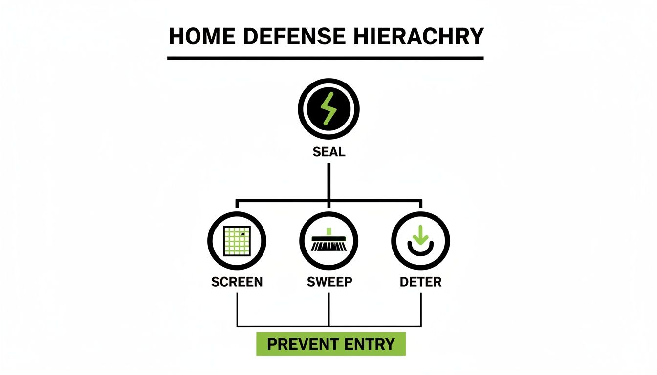 A home defense hierarchy diagram showing Seal, Screen, Sweep, and Deter methods to prevent entry.