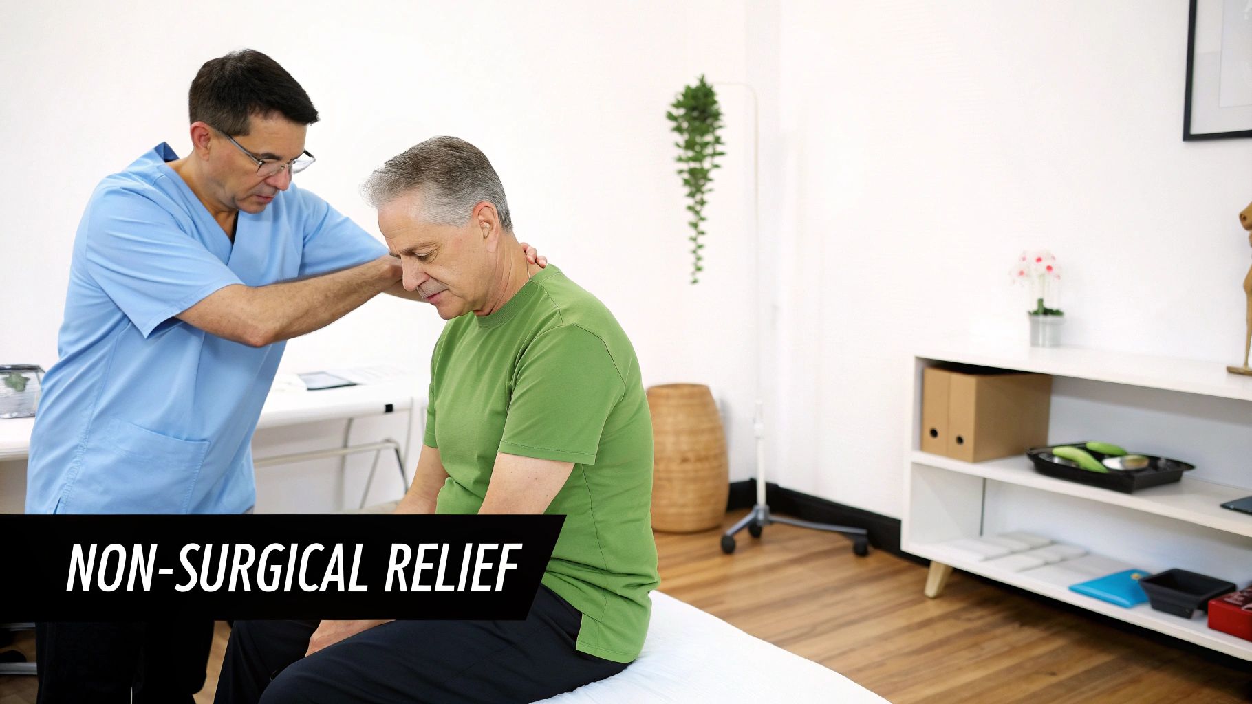 A healthcare professional in blue scrubs performs a neck adjustment on an older man for pain relief.