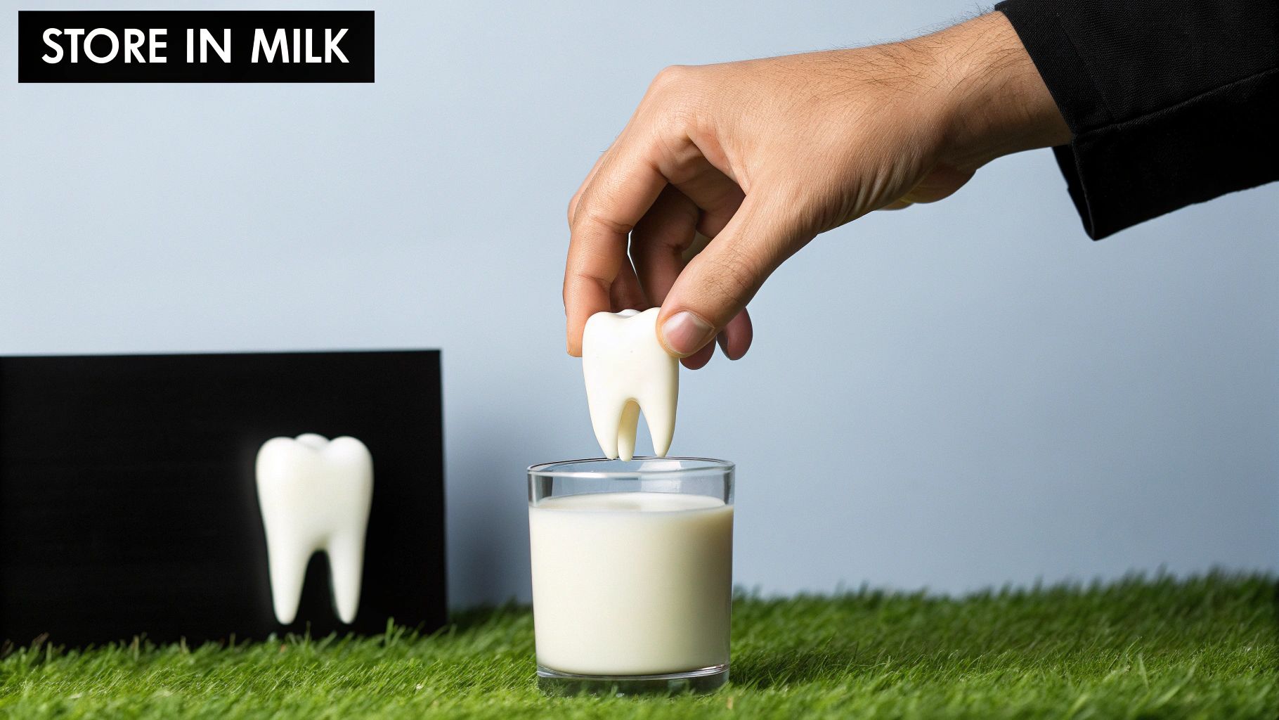 A person's hand places a large white tooth model into a glass of milk, with text 'STORE IN MILK'.