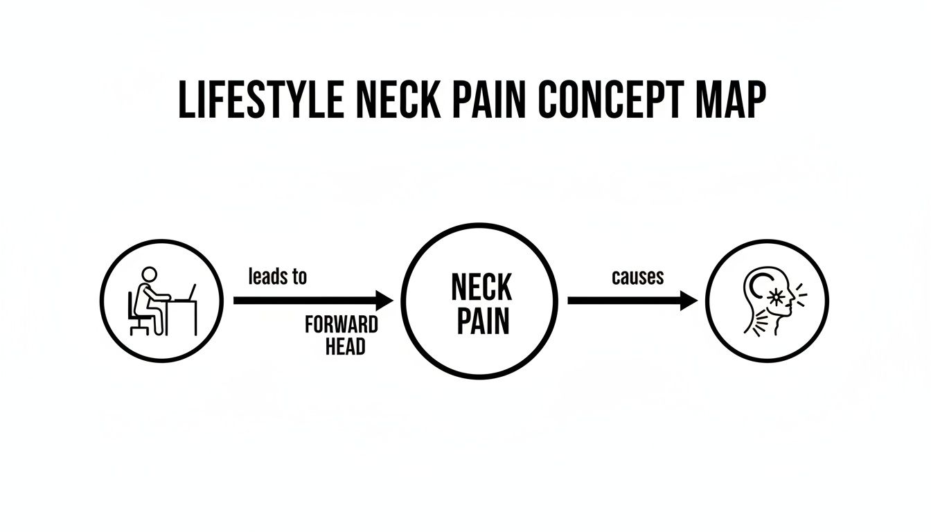 Diagram illustrating how poor posture leads to forward head, causing chronic neck pain and discomfort.