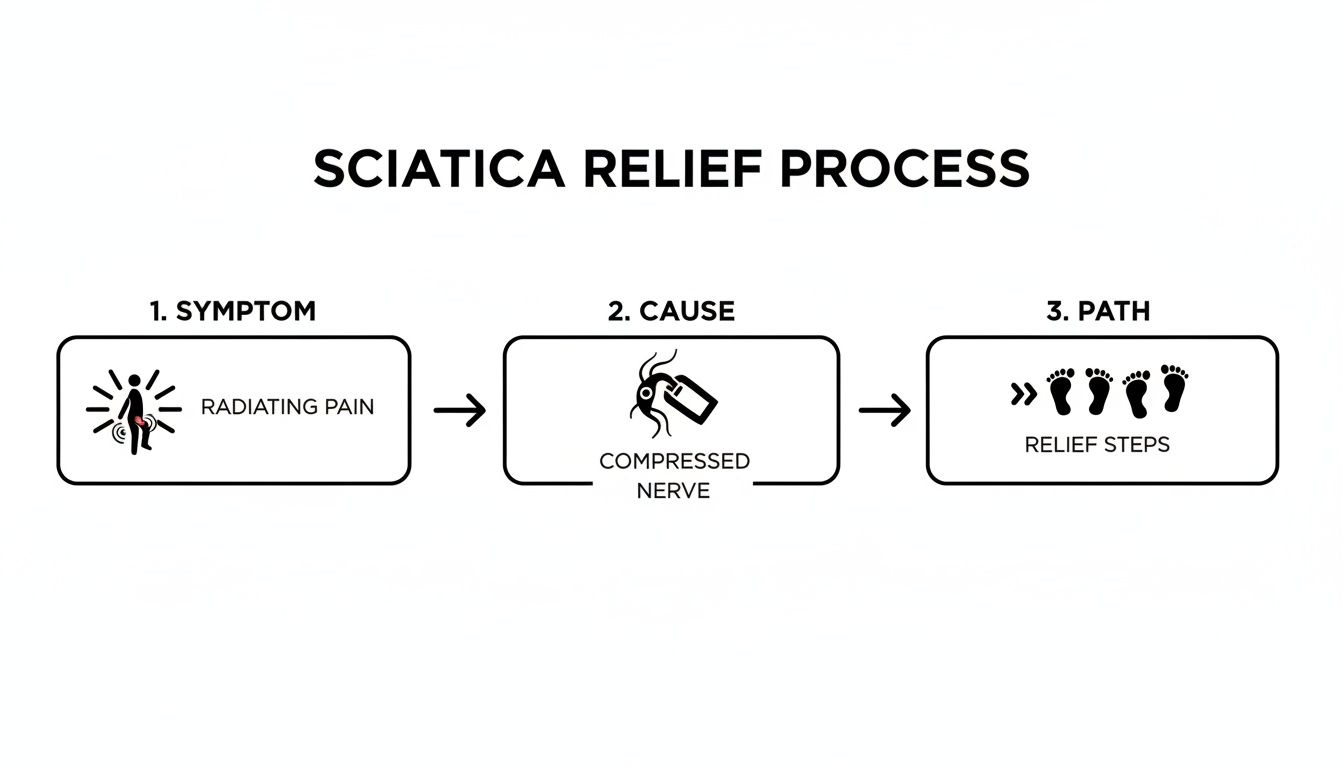 Flowchart illustrating the sciatica relief process from symptom (radiating pain) to cause (compressed nerve) and relief steps.