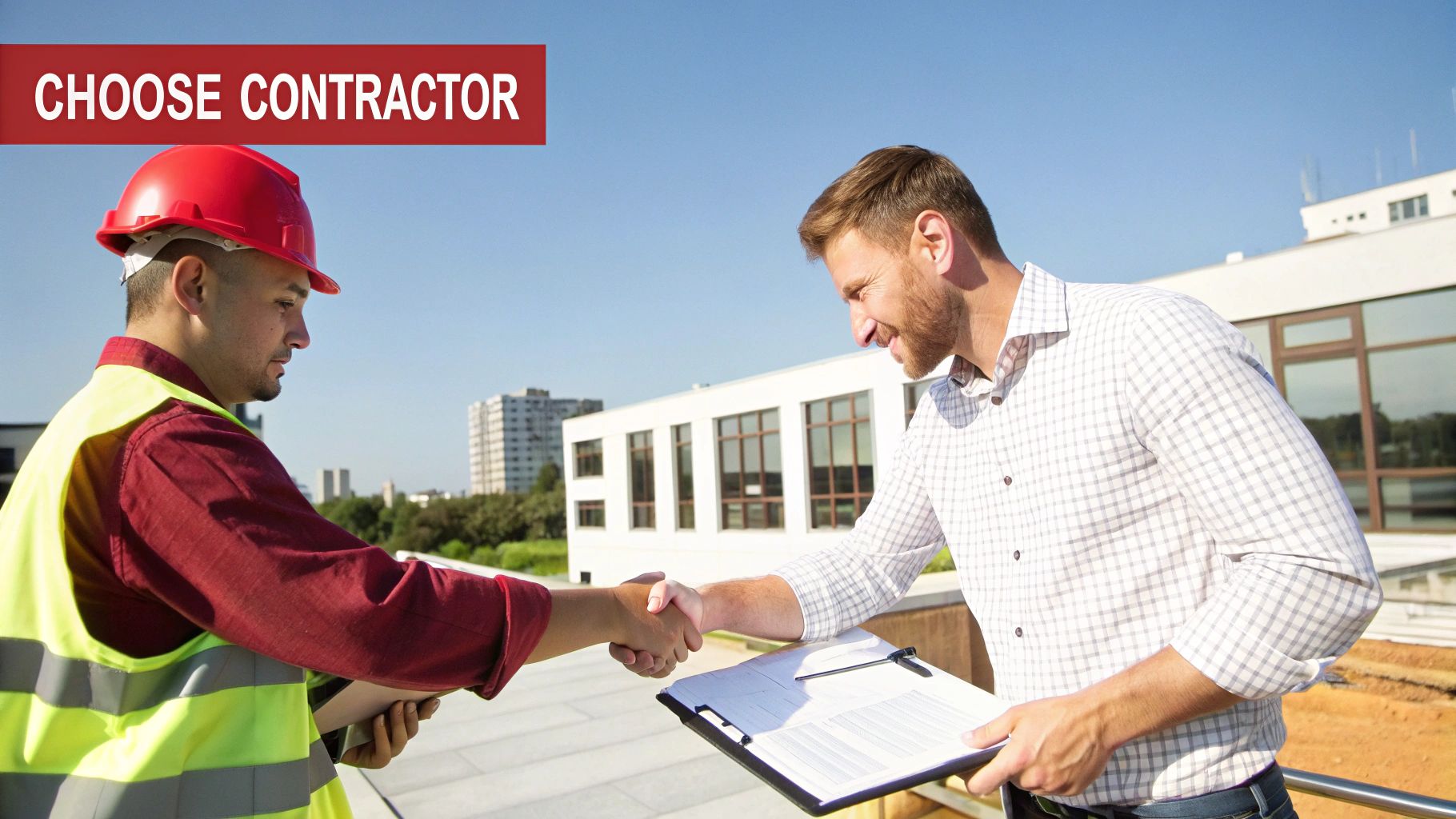 Construction worker in a hard hat and vest shaking hands with a client holding a clipboard on a rooftop.