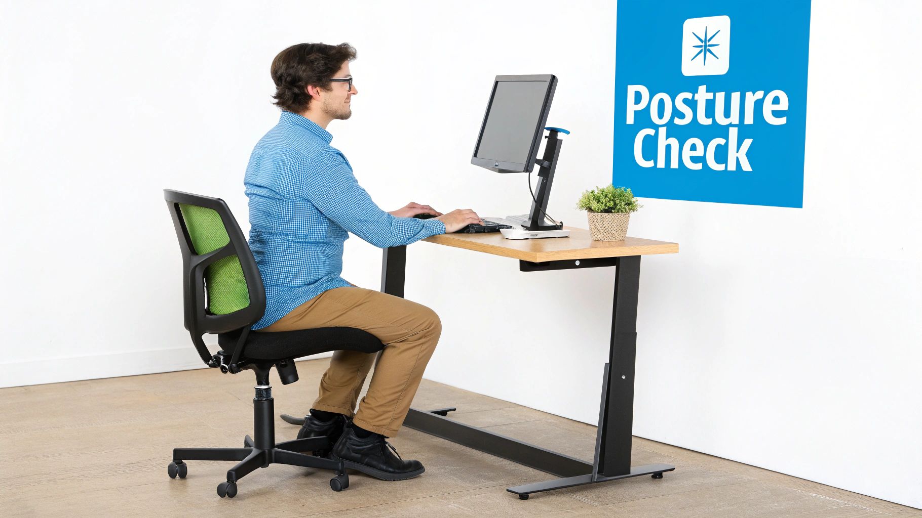 Side view of a man sitting correctly at a desk with a monitor, emphasizing good posture.