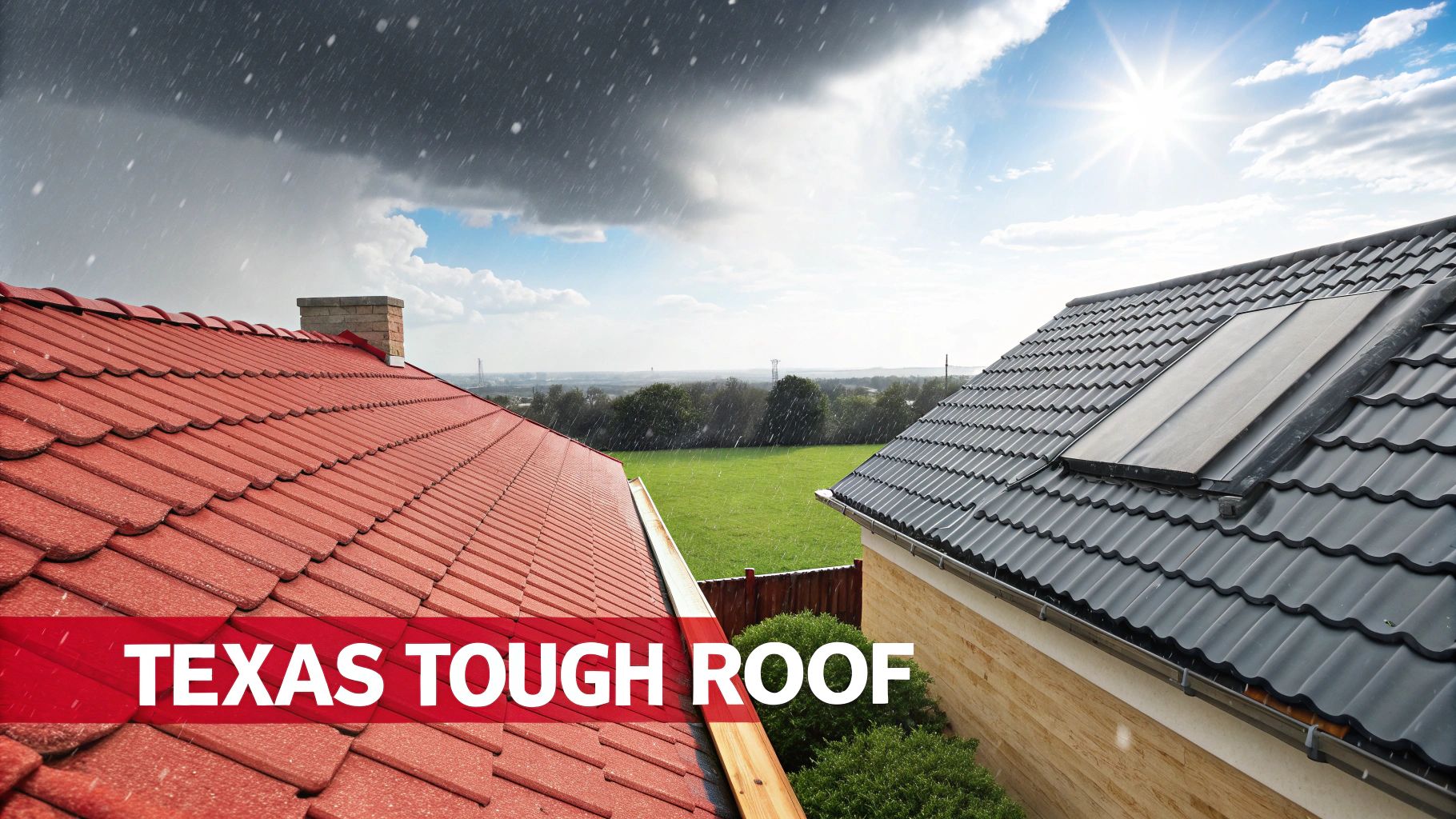 Two roofs under contrasting weather conditions: rain on a red roof and sun on a gray roof, with 'TEXAS TOUGH ROOF' text.