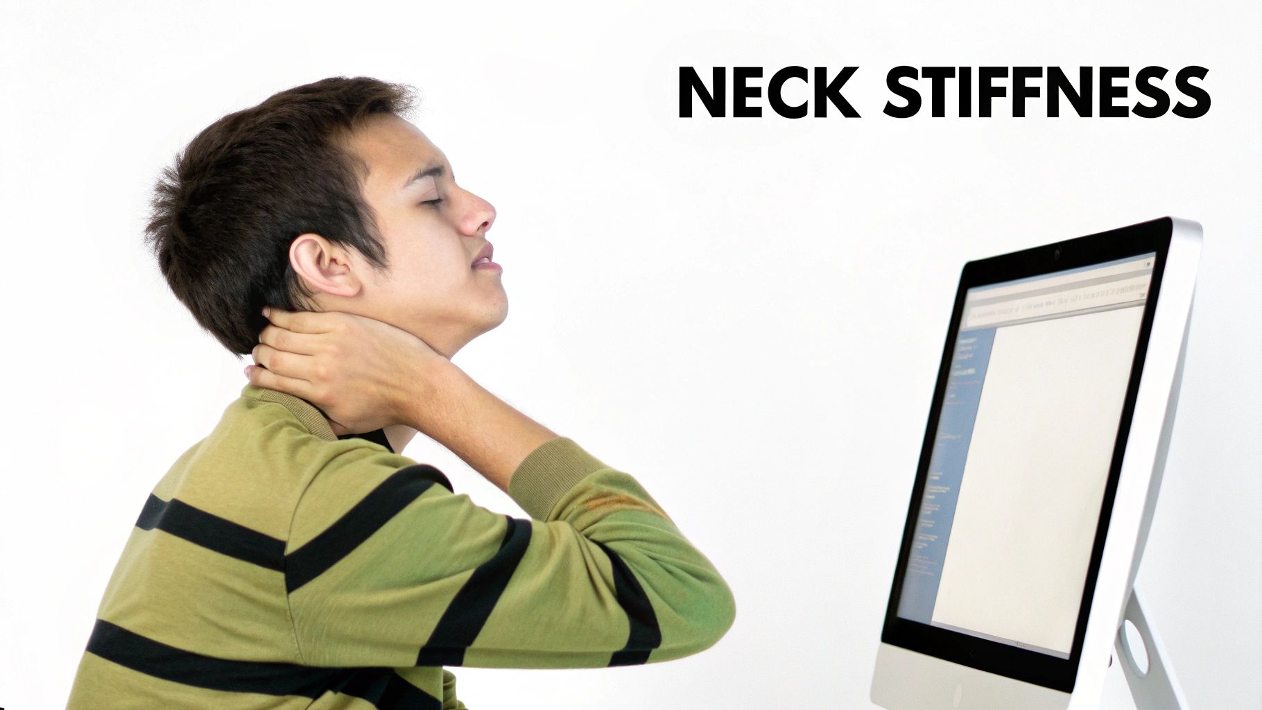 A young person showing signs of neck stiffness, holding their neck in discomfort near a computer.