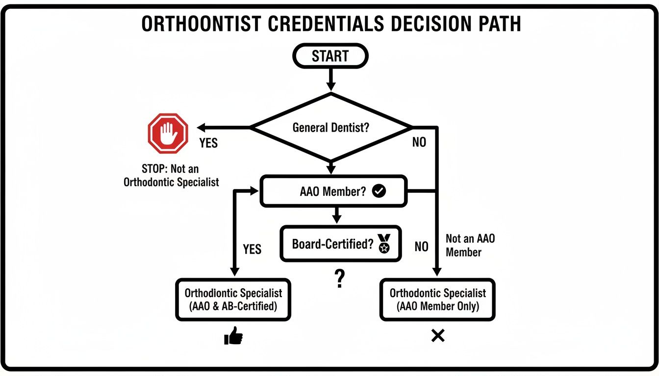 Flowchart guiding the decision path for orthodontist credentials, including AAO membership and board-certification.