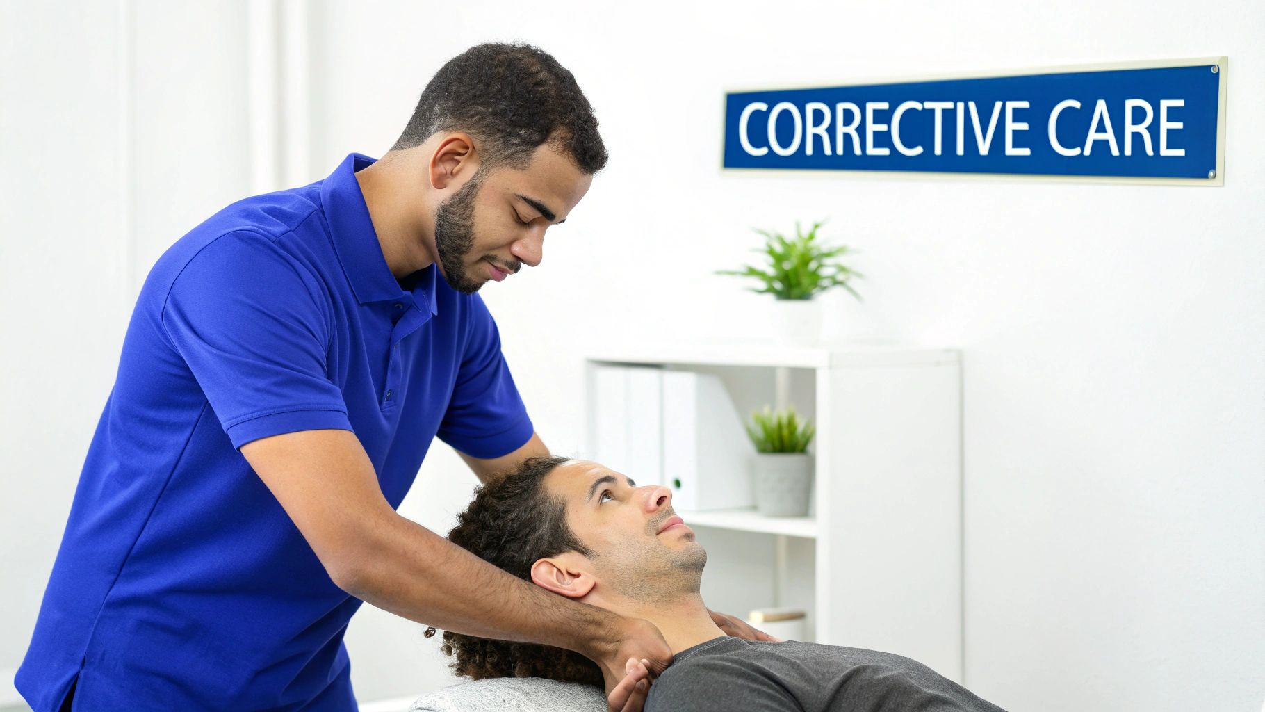A male chiropractor performs a neck adjustment on a male patient lying on a treatment table.