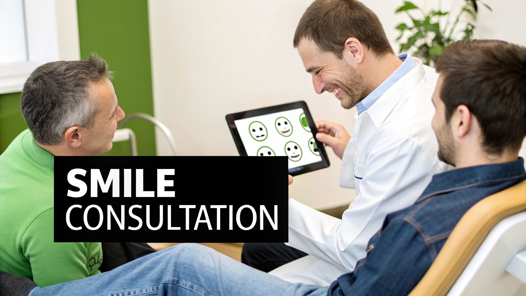 A smiling dentist shows various smile options on a tablet to two male patients during a consultation.