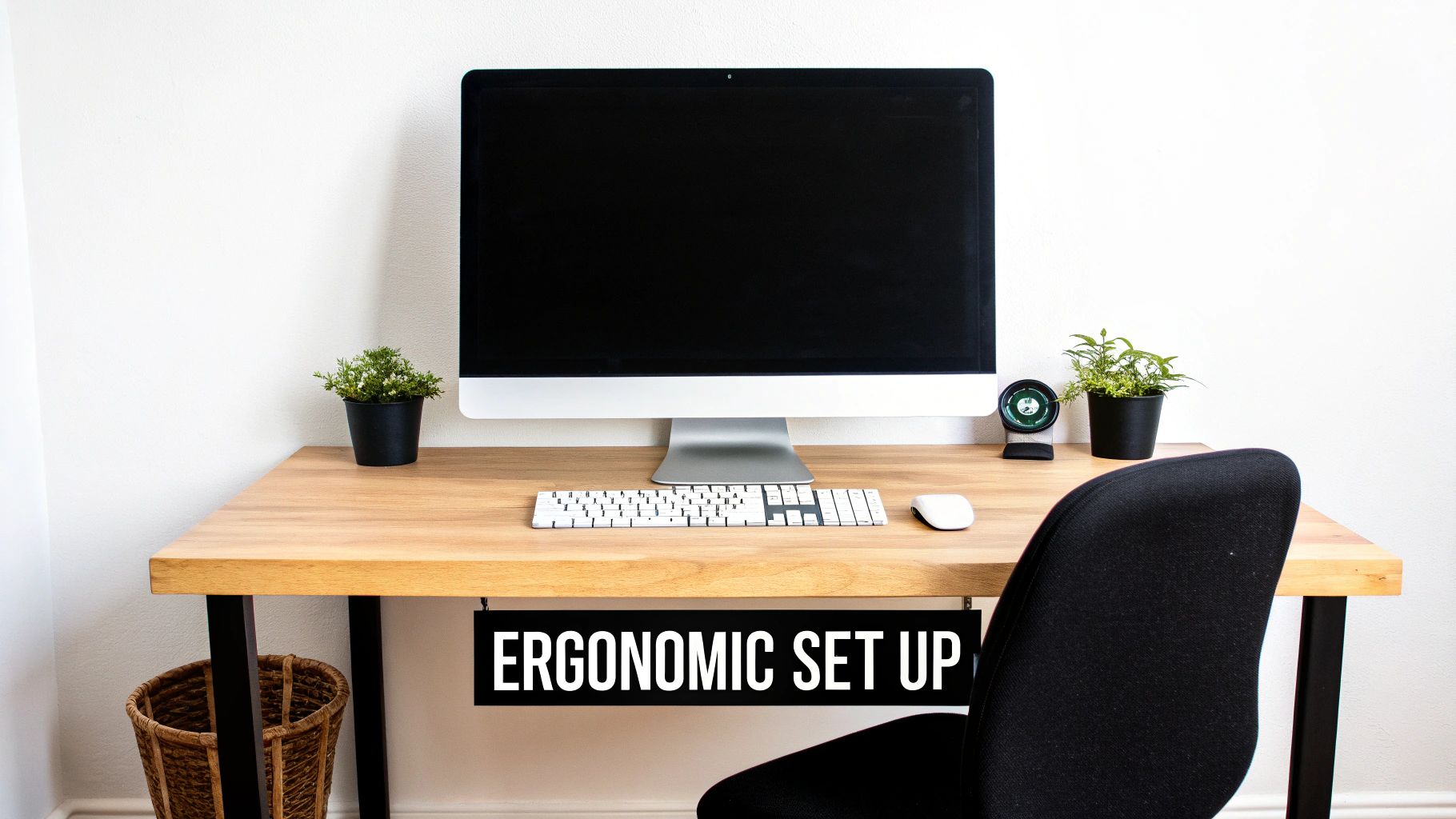 A clean and minimalist ergonomic desk setup with a monitor, keyboard, mouse, plants, and an office chair.