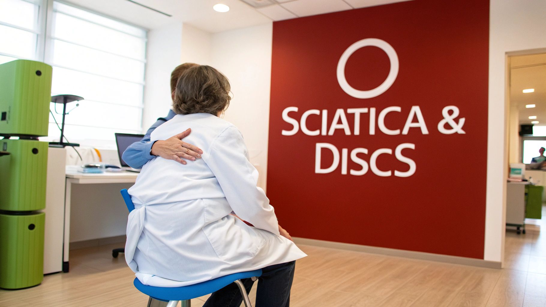 Two people in a medical clinic, one comforting the other, with a 'Sciatica & Discs' sign.