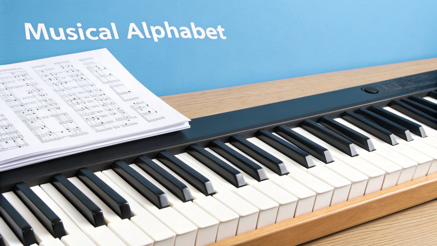 A digital piano with black and white keys, and sheet music titled 'Musical Alphabet' on the stand.
