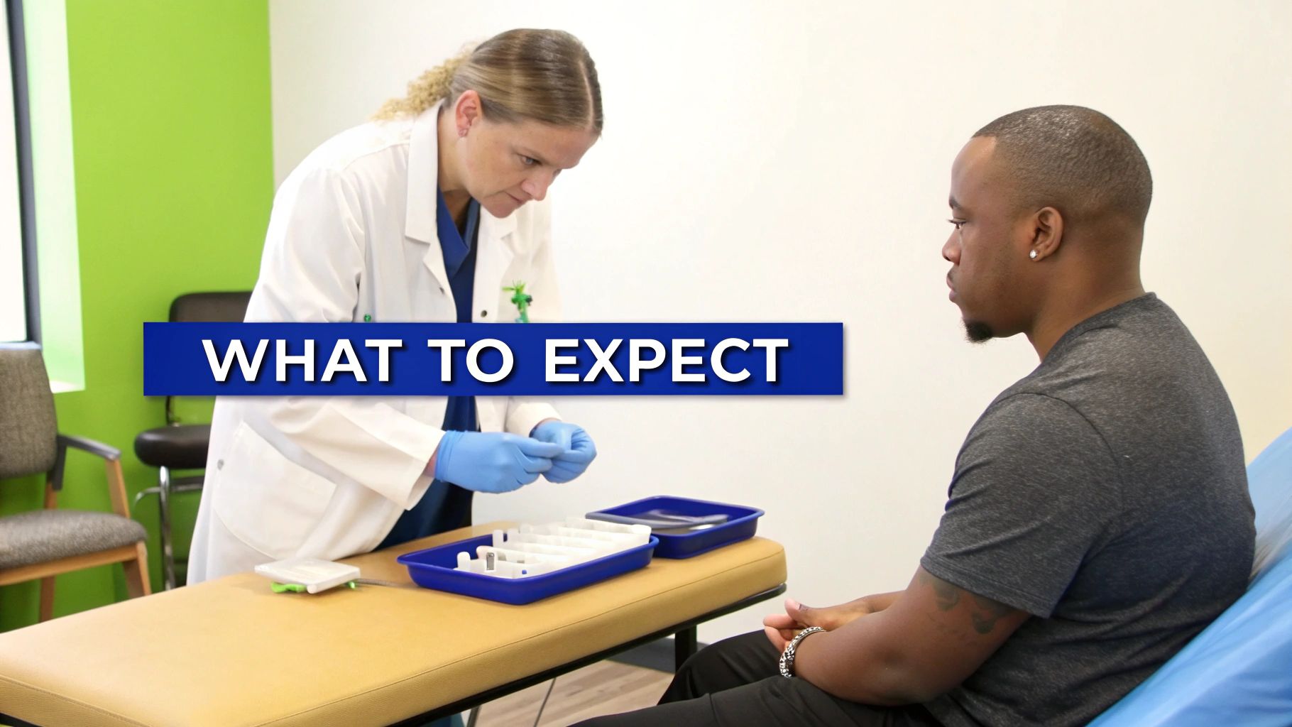 A medical professional in a lab coat and gloves prepares tools for a patient on an examination table.