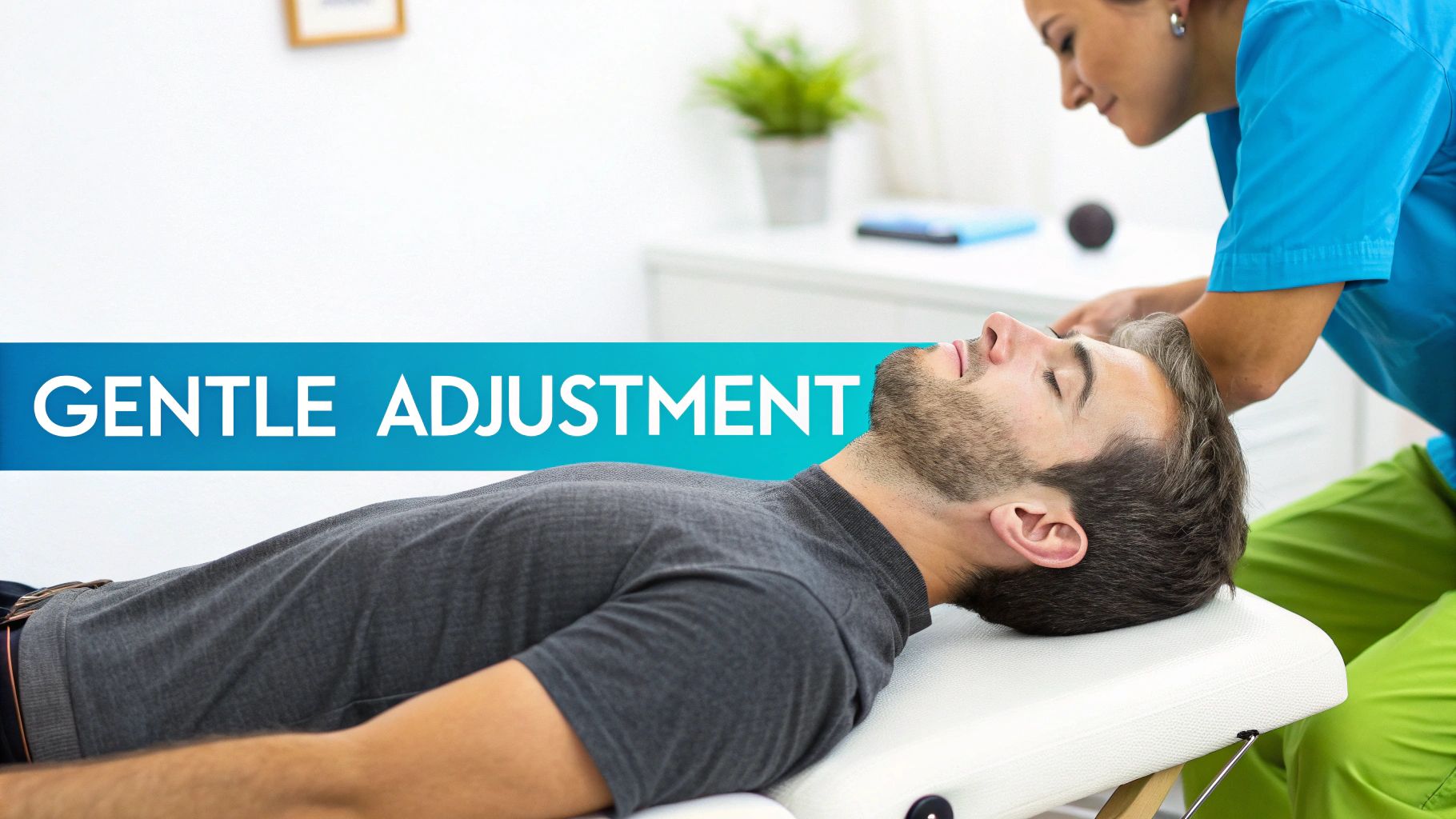 Male patient receiving a gentle neck adjustment from a female chiropractor in a clinic.