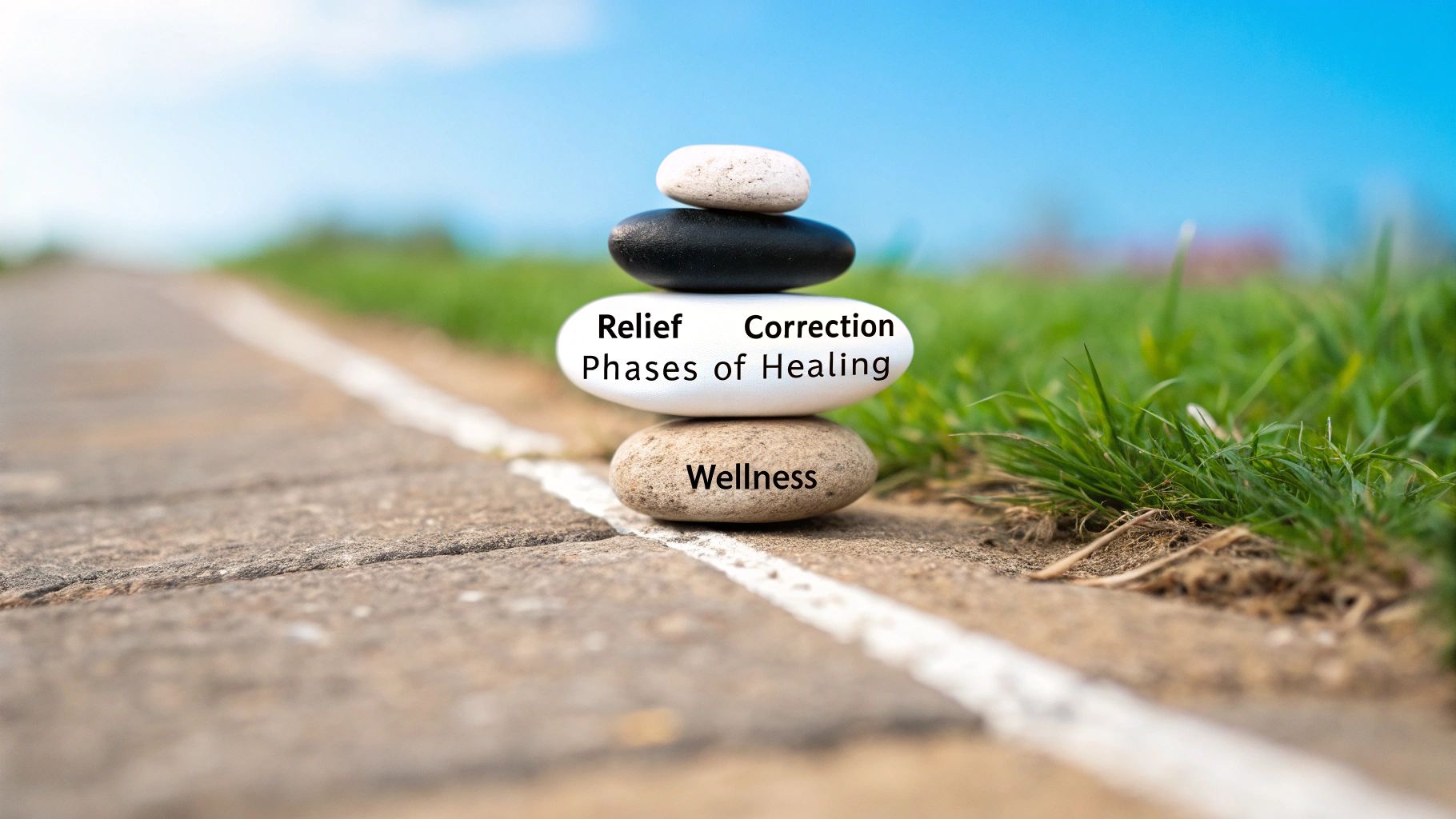 Zen cairn of stones on a path, labeled 'Wellness', 'Relief', 'Correction', 'Phases of Healing'.
