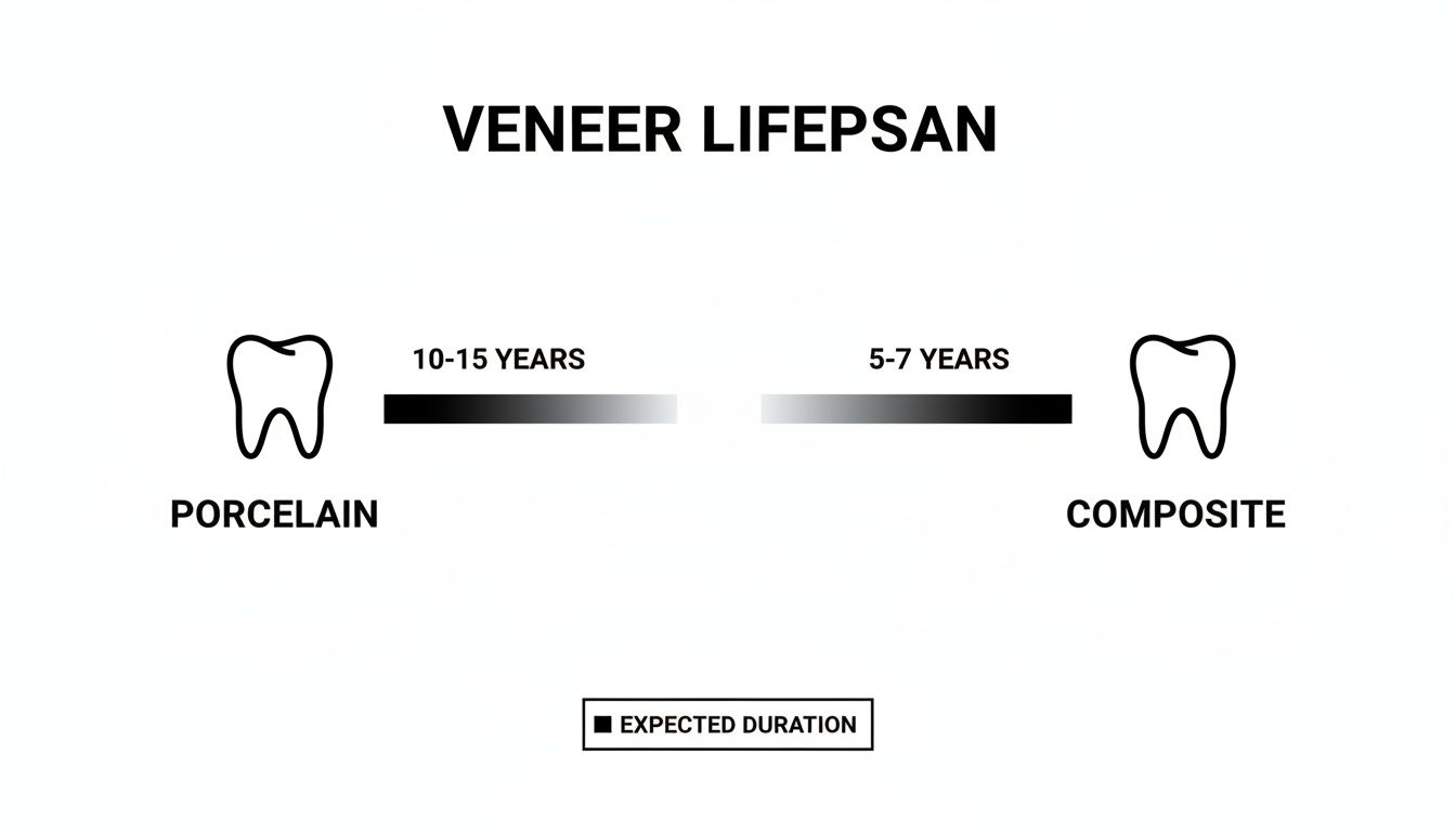 Charles E. Boren | How Long Do Veneers Last? A Cosmetic Dentist in Bellaire, TX Explains Infographic comparing porcelain and composite veneer lifespans with expected durations shown.