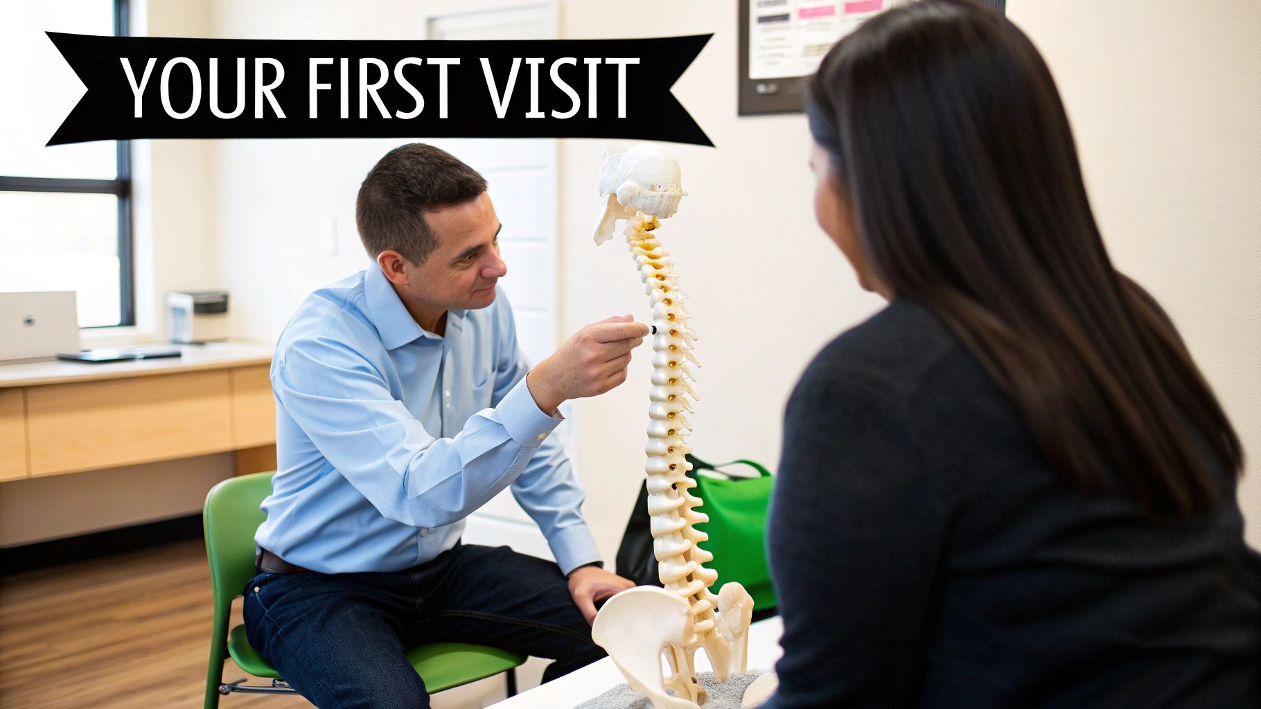 A male chiropractor explains a spine model to a female patient during a first visit consultation.