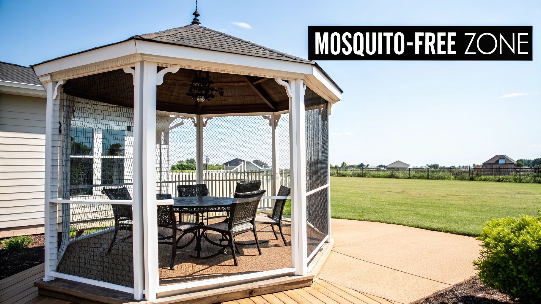 A screened gazebo with outdoor dining furniture in a sunny backyard, indicating a mosquito-free zone.