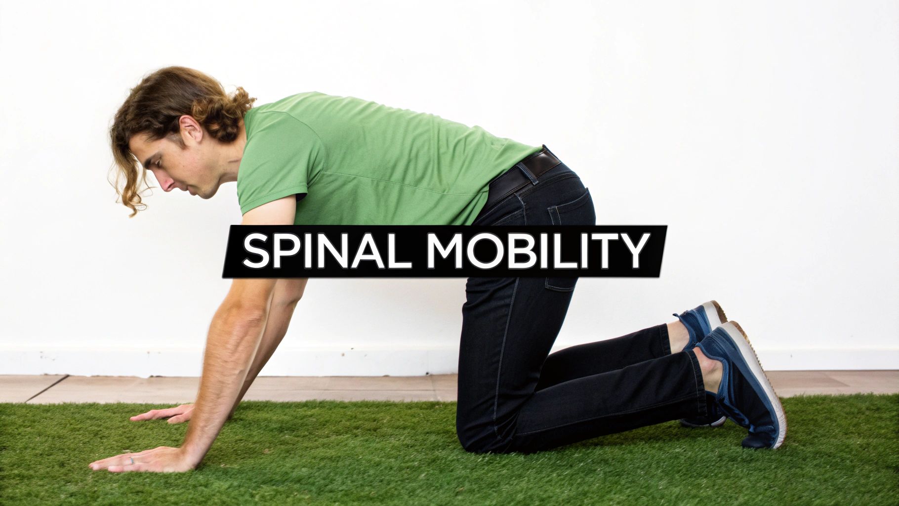 Man on hands and knees on artificial grass demonstrating a spinal mobility exercise.