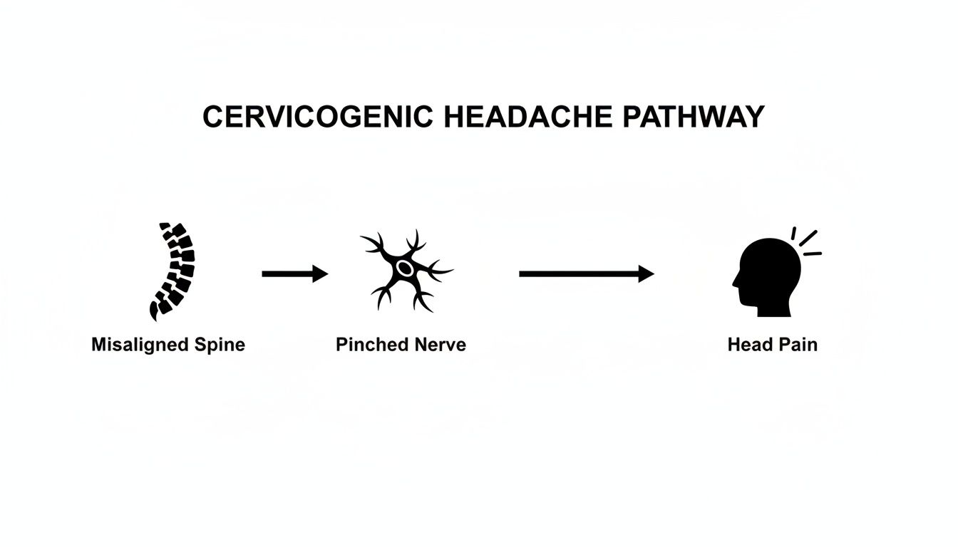 Diagram illustrating the cervicogenic headache pathway from a misaligned spine to a pinched nerve and head pain.