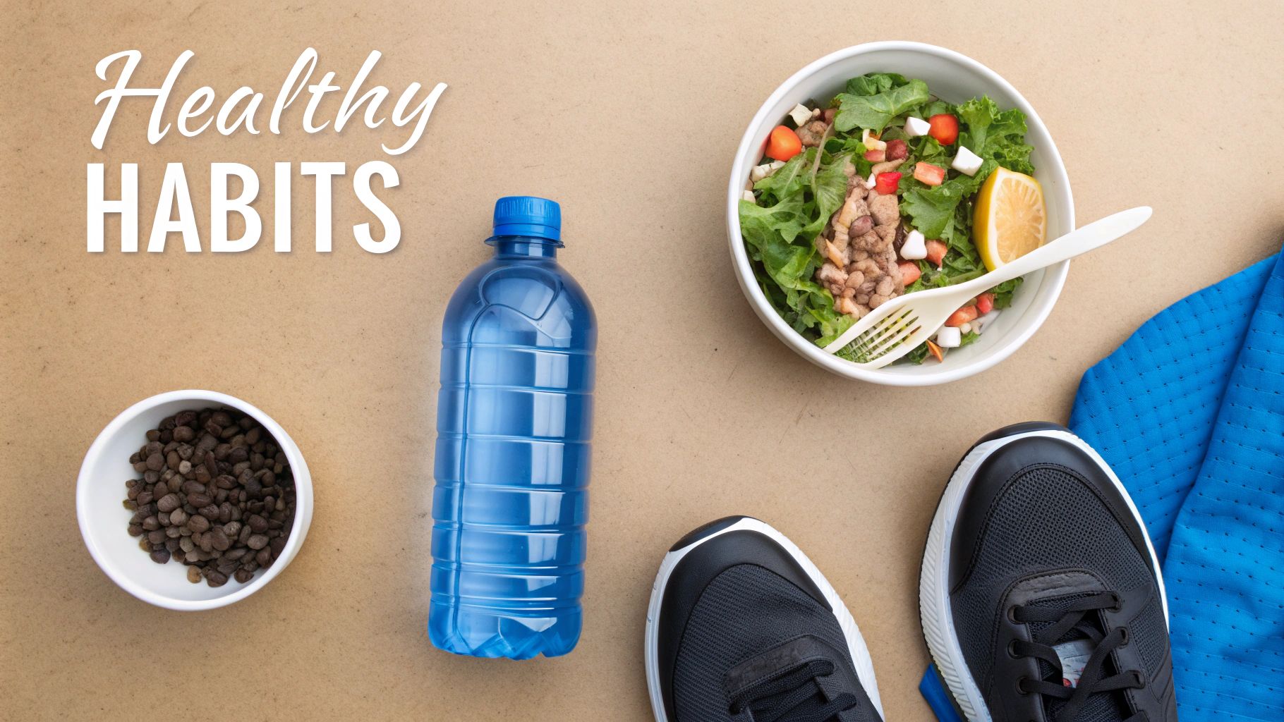 A flat lay of healthy habits essentials: salad, water bottle, running shoes, and snacks on a brown background.
