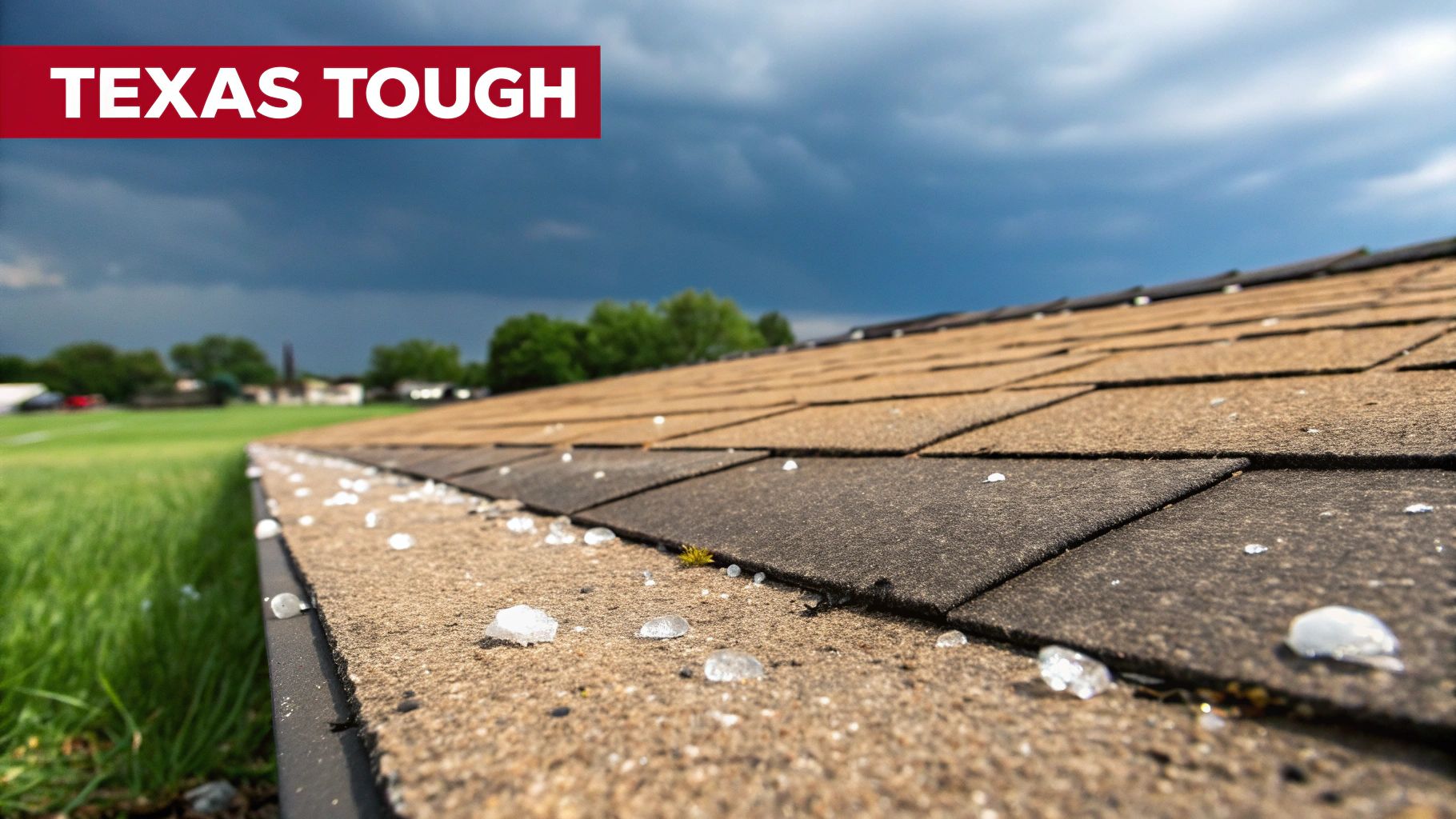 Hailstones scattered on a damaged asphalt shingle roof under a stormy Texas sky, showing weather impact.