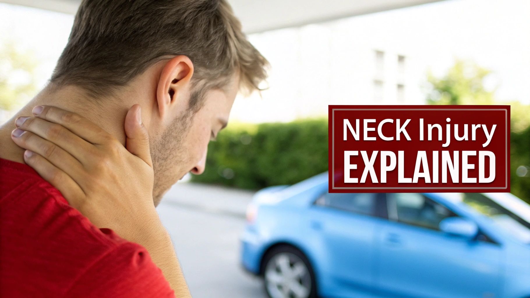 A man holds his painful neck, with a blue car in the background and 'NECK Injury EXPLAINED' text.