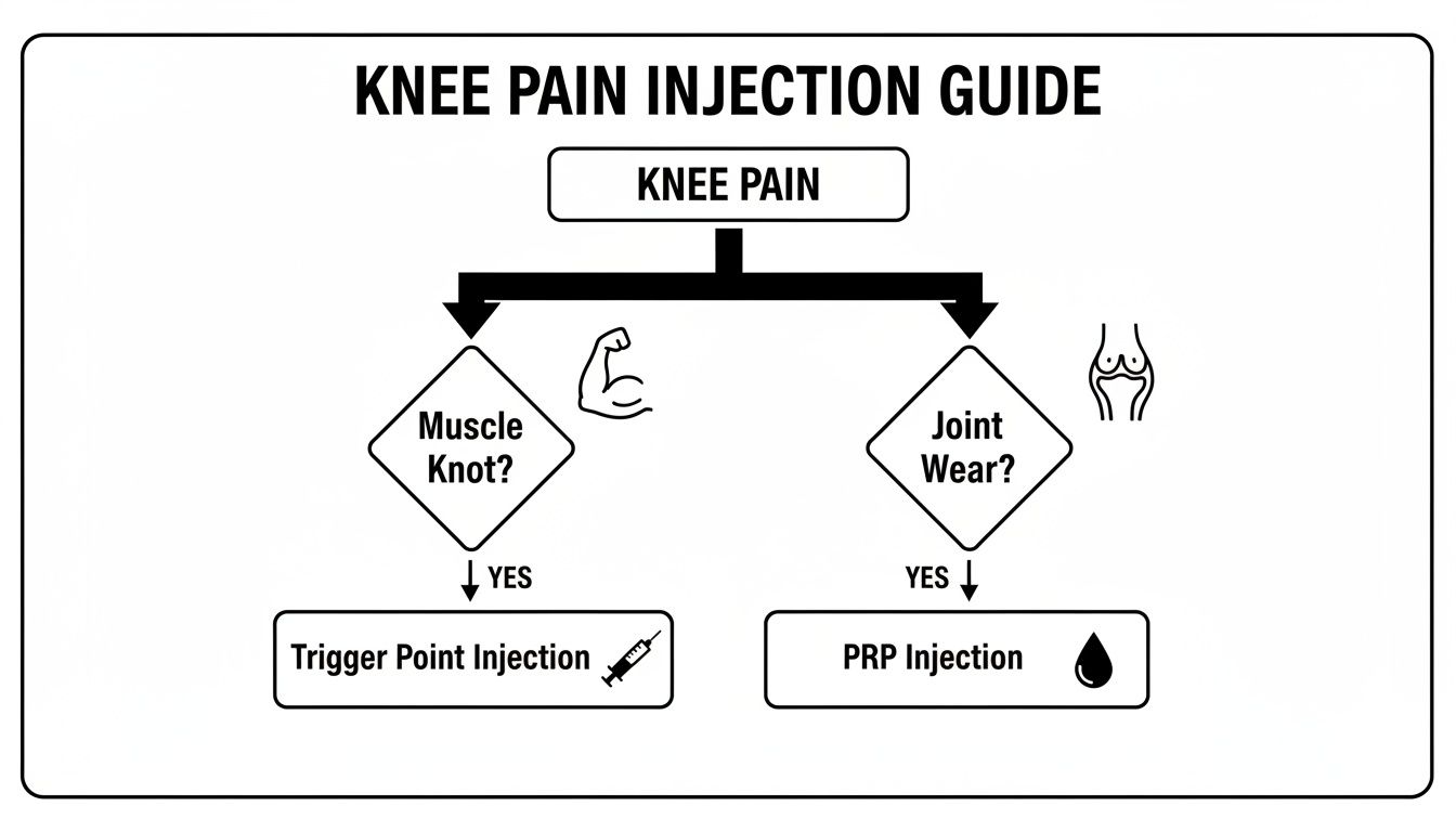 Flowchart guiding knee pain injections, distinguishing between muscle knots for trigger point and joint wear for PRP.