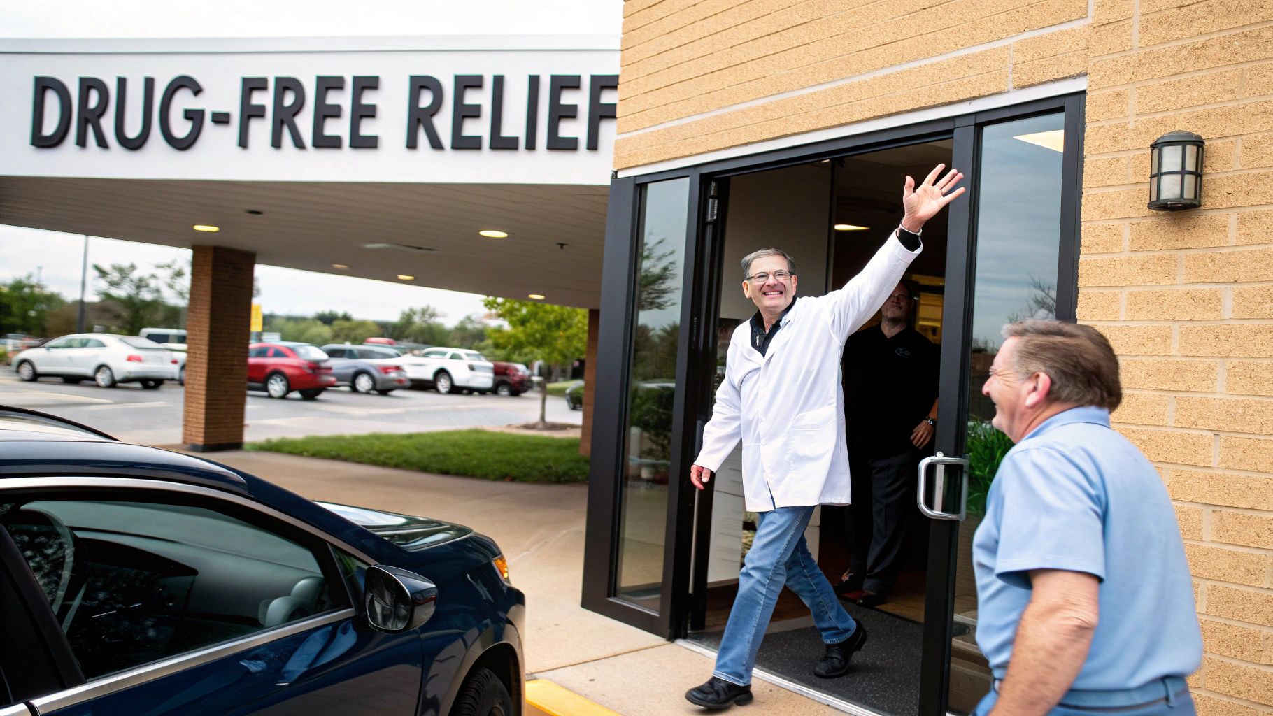 Hershey Family Chiropractic | Auto Injury Chiropractor in Hershey, PA: Your Guide to Recovery After a Car Accident A smiling man in a lab coat waves while exiting a "DRUG-FREE RELIEF" building, as another man approaches.